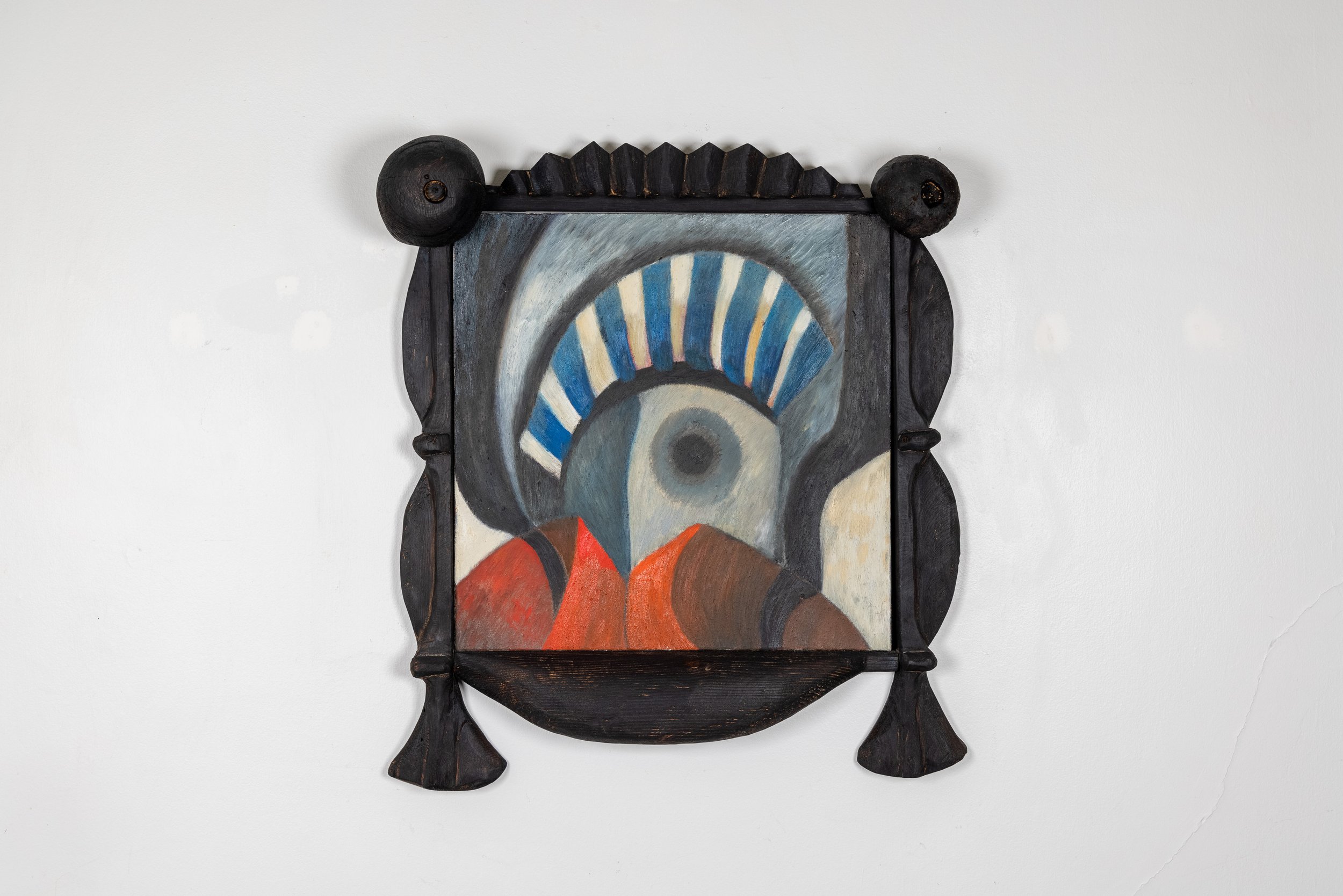 Miss Cantine, 2021, Oil on canvas in charred wood frame, 30 x 28 x 6 inches