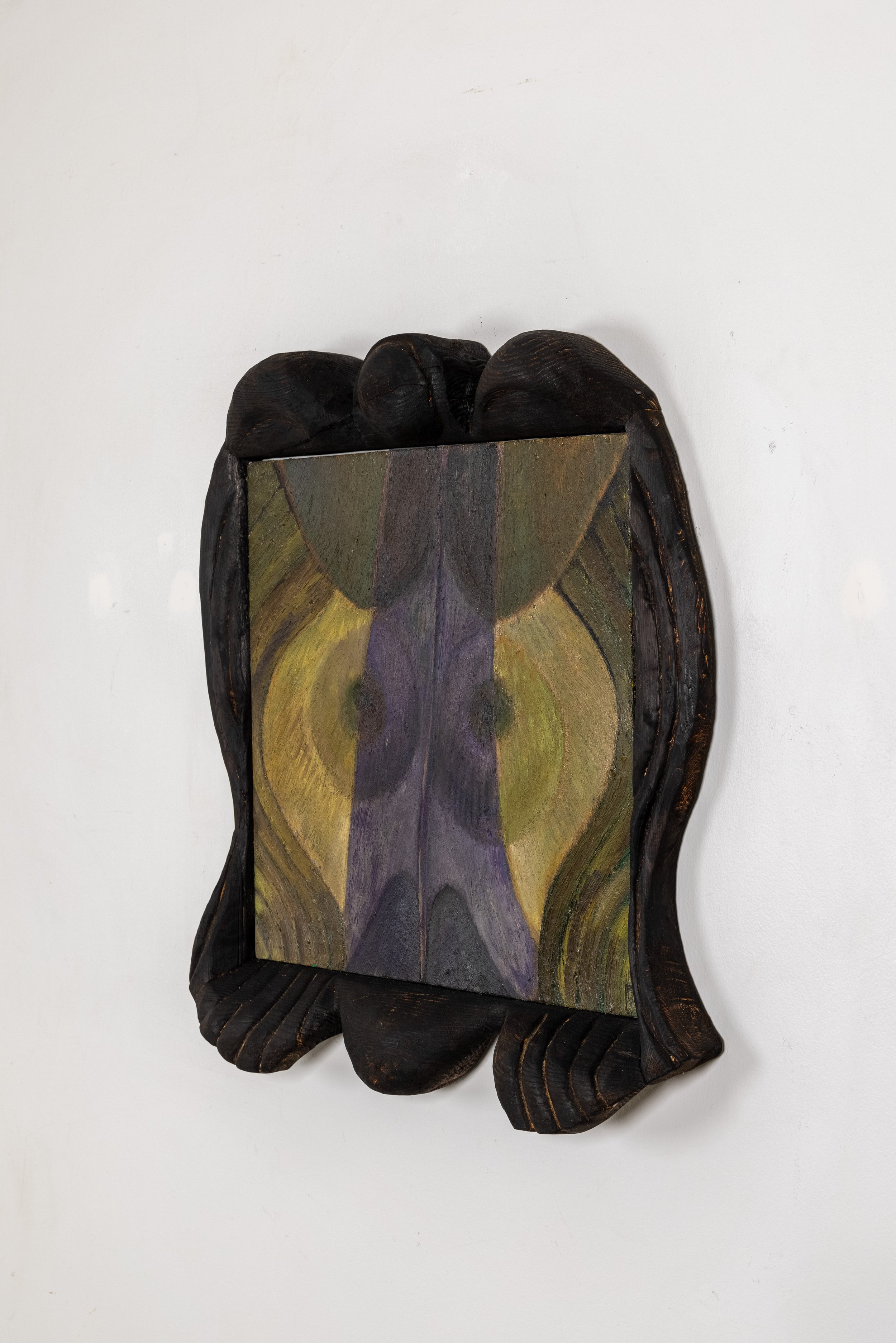 Siren, 2021, oil on canvas in charred custom wood frame, 29 x 27 x 4 inches