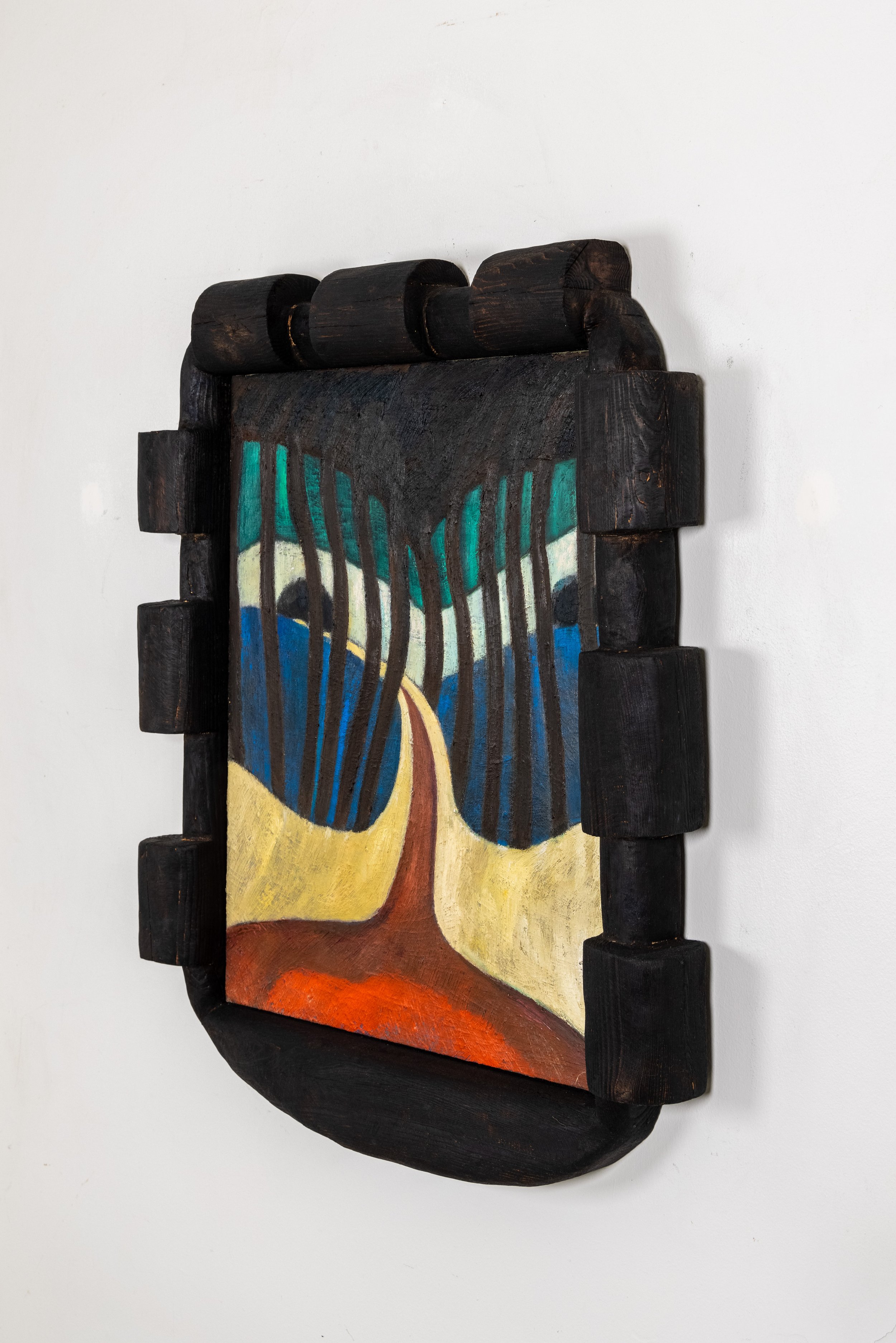 Miss Cantine, 2021, Oil on canvas in charred wood frame 30 x 28 x 6 inches