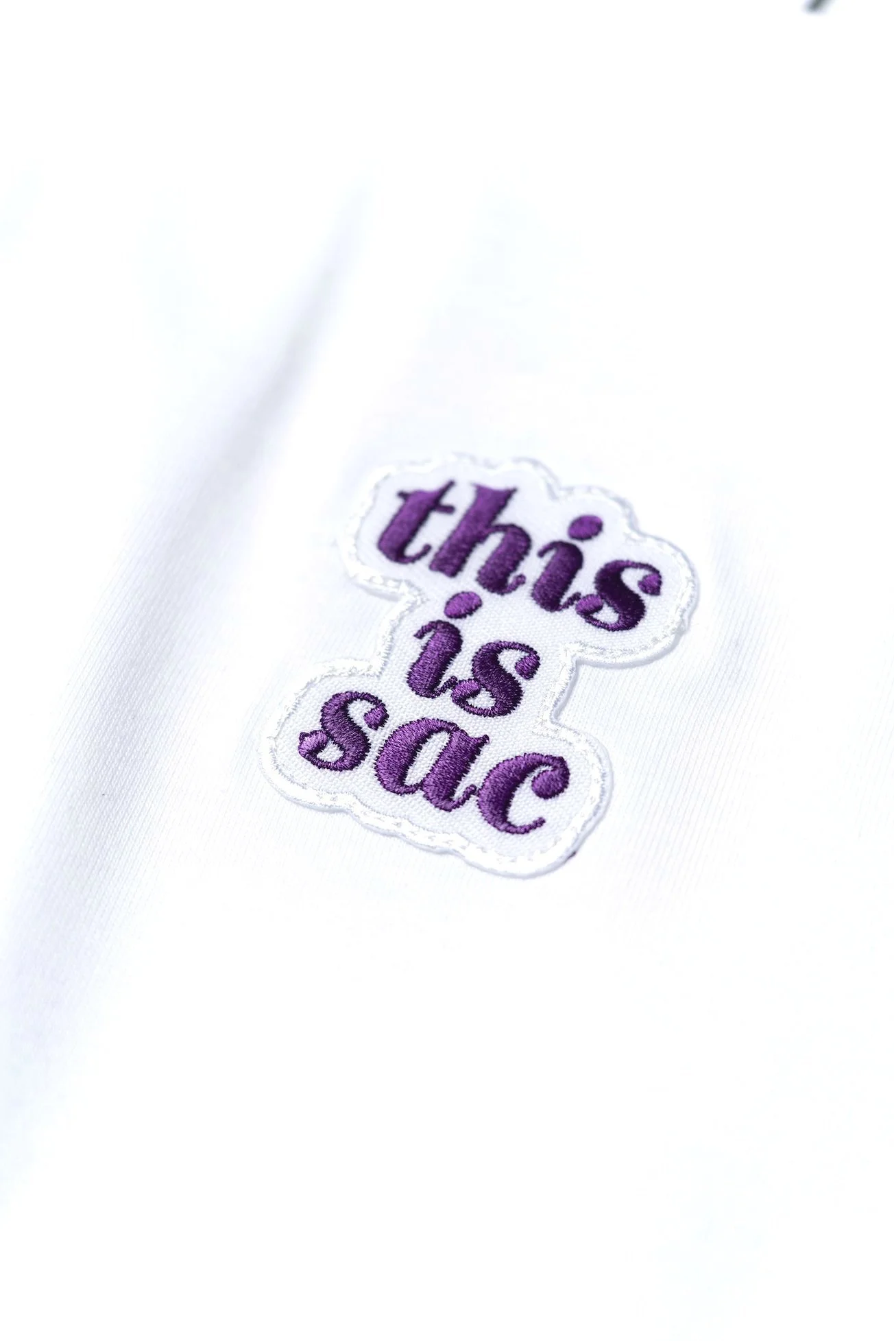 White & Purple "This is Sac" Script Logo Crewneck