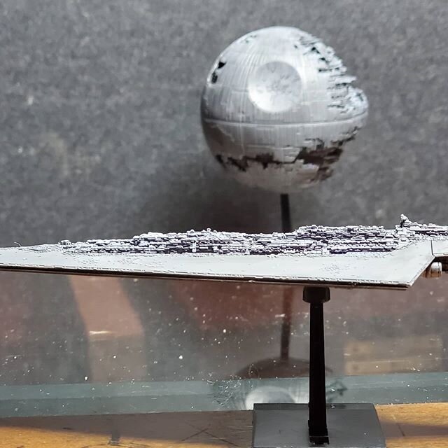 #bandai #model #deathstar2  #supeerstardestroyer blackwashed and dry brush white hi-lights... really enjoyed the detail of these 2  models. More #quarantine #models!