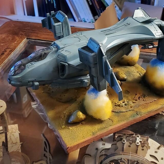 Added some sand to my #scalemodel of the #pelican from #halo. It looked a little funky just on stained wood. My first #diorama! #scifi #spaceships #airbrush #modelmakers #fsm #covidart