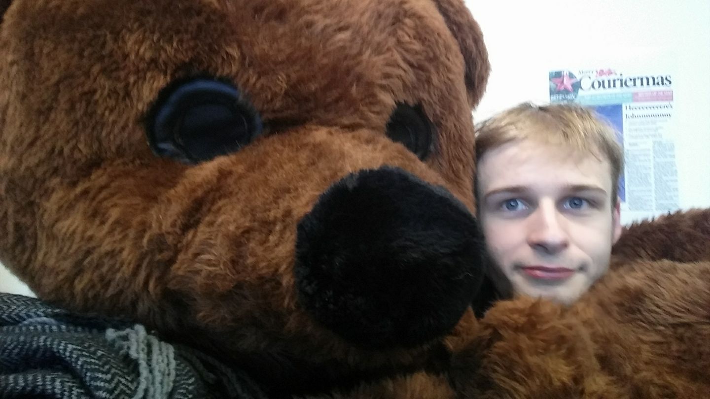 I worked with the Nightline group at Newcastle University, an anonymous support phoneline. Picture: I was Neville The Bear for a recruitment day, the mascot of the service.
