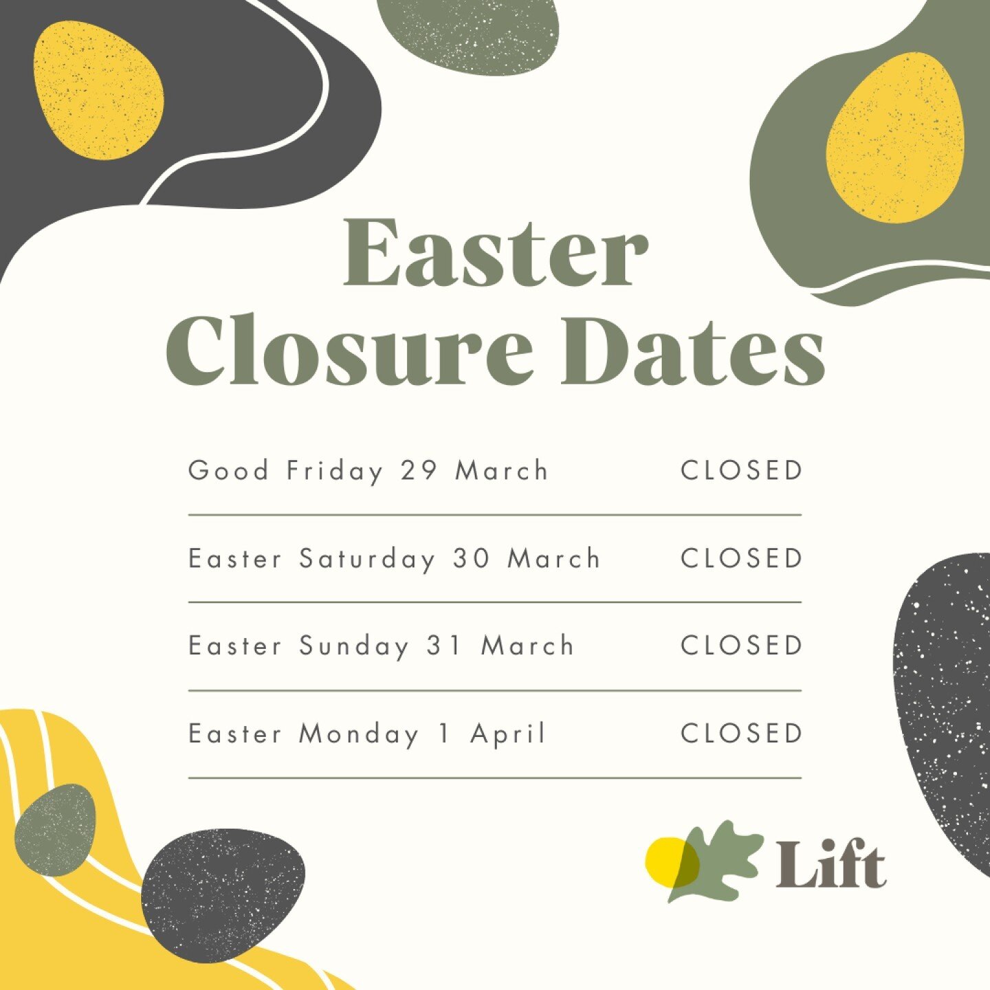 Easter is nearly here 🐰 

It's life as usual at Lift today before we are closed for the whole Easter long weekend.
Our regular hours will resume on Tuesday, 2nd April.

From the entire team at Lift Cancer Care Services, we wish you a happy and safe 