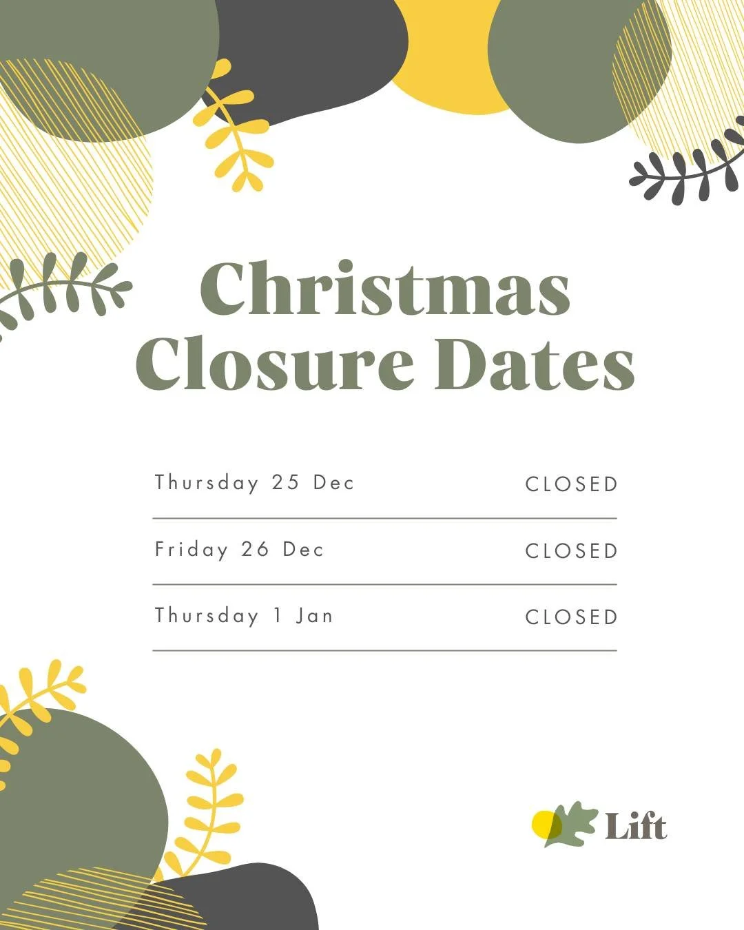 Lift will remain open over the Christmas and New Year period, with closures only on statewide public holidays.

If there is anything you need from us, please reach out. Cancer doesn't stop, so we don't either, the Lift Cancer Care Services will be he