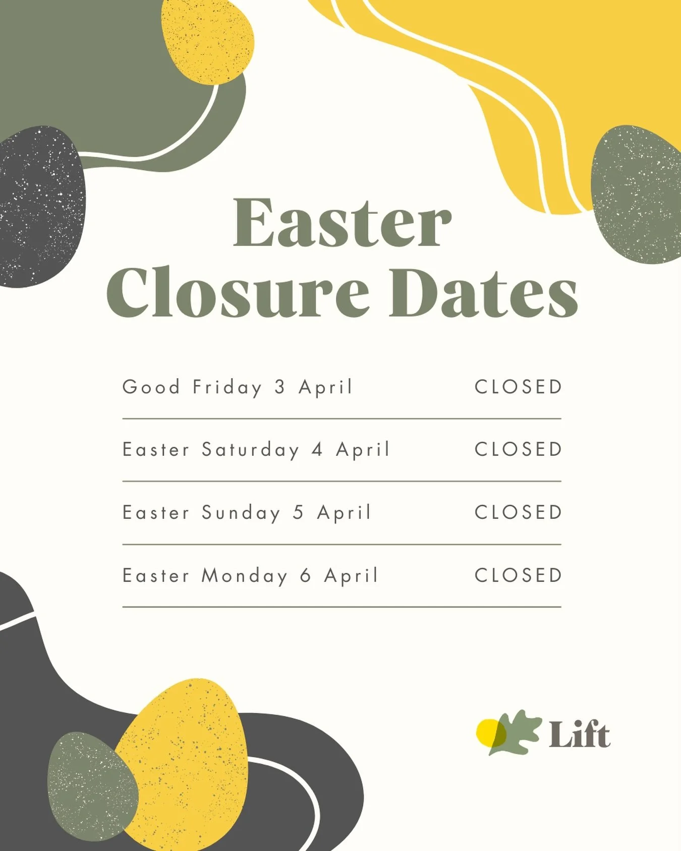 As we head into the Easter long weekend, the Lift Cancer Care Services team will be taking a short break over this period.

We will return to our usual hours on Tuesday 7 April.

For those currently undergoing treatment, we hope this time provides an