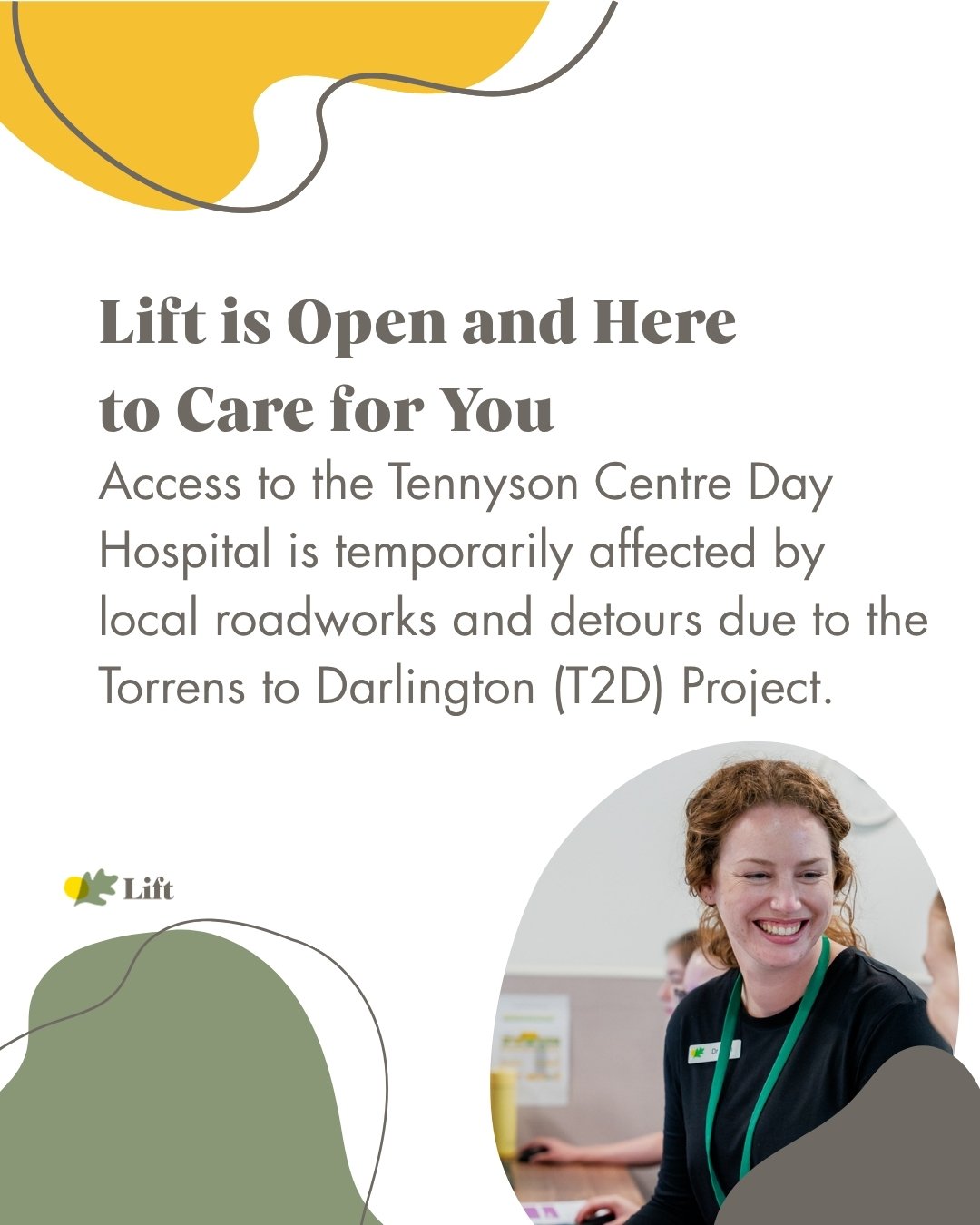 Lift is open, and your Exercise Medicine treatment and other appointments can continue as planned.

While the Torrens to Darlington Project is temporarily affecting access around the Tennyson Centre, we&rsquo;re here to ensure you can continue receiv