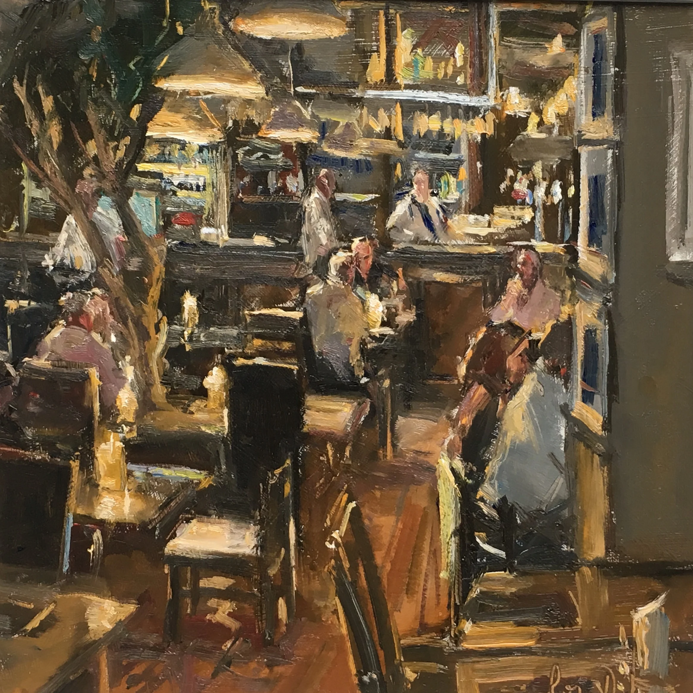 Early bird diners 12x12 Oil on board