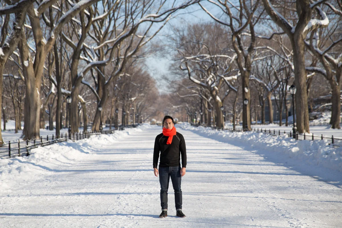 I woke up at 7 am and nearly froze my fingers off taking this self portrait this morning in Central Park, hence the mean look. It took quite a bit of patience waiting for the mall to clear out and enduring the cold to get this shot. I also wanted to show off my merino wool scarf, that I commissioned Gretchen Kreutz to make for me after searching for a bright orange knit scarf for a year. She’s a freelance knitwear designer for Rag & Bone and has mad skills!
merino wool knit scarf by gretchen kreutz rag & bone boots sandro top raleigh workshop denim
Equipment used: Manfrotto tripod with video fluid head, Canon 5D mark III, 24 - 70 f2.8L II lens, intervalometer, down jacket and lambswool gloves for warmth in between shots.
Part of my ongoing Self Portrait Series
