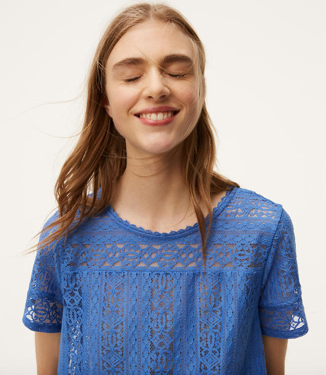 Periwinkle Lace Tee , Ann Taylor Loft. I was immediately drawn to this piece. Anything identified as having lace immediately goes into my category of classy and mom-worthy. However, I can easily see this as part of a date night ensemble with the hubs paired with with a black short and cute shoes!
