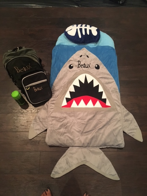 Monogrammed nap mat (bae was a fan of shark week this year!) and monogrammed lunch box and backpack.