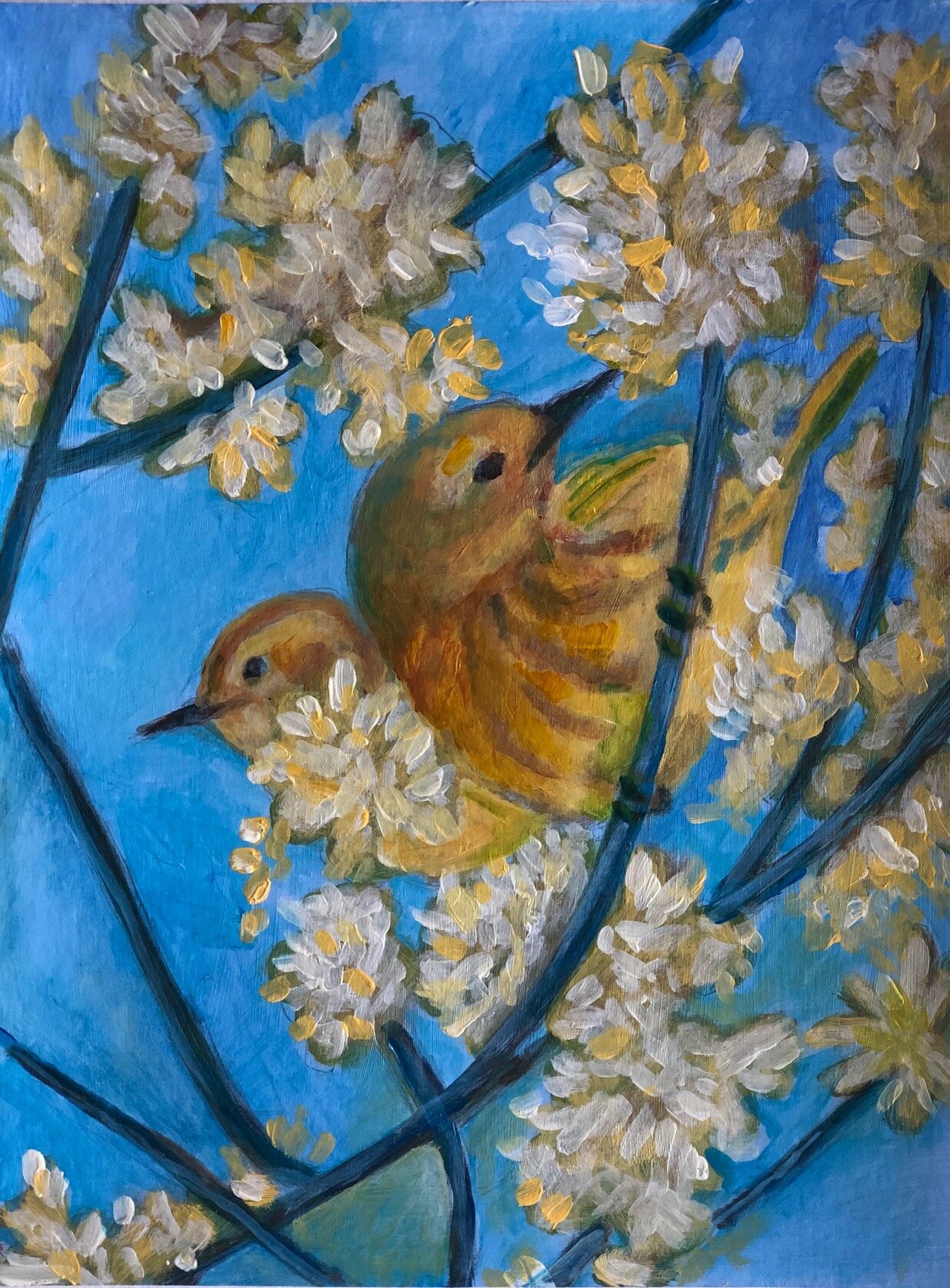 Bird painting two yellow warblers in a tree.jpg