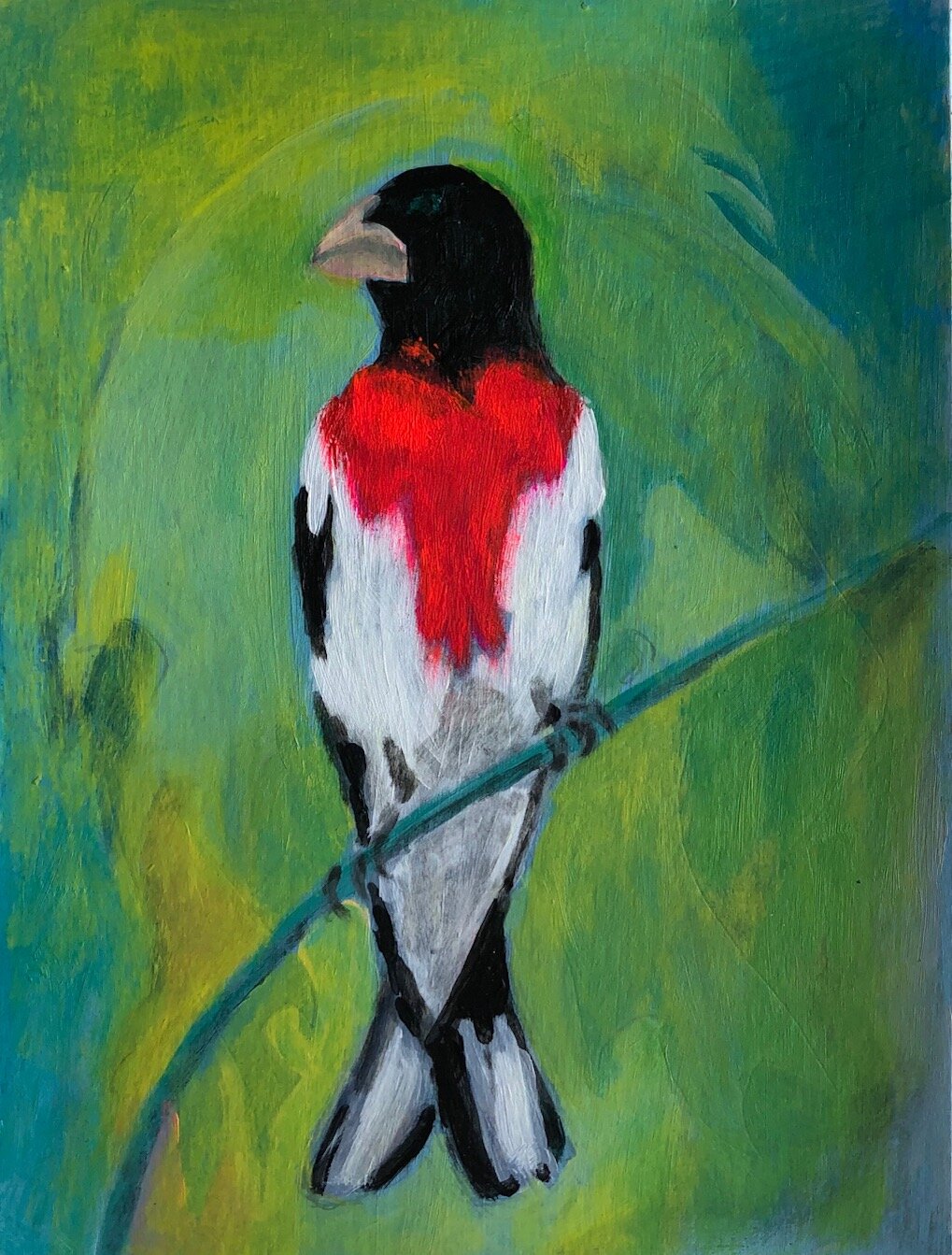 bird painting, Rose Breasted Grosbeak, acrylic, 6%22 x 9%22.jpg