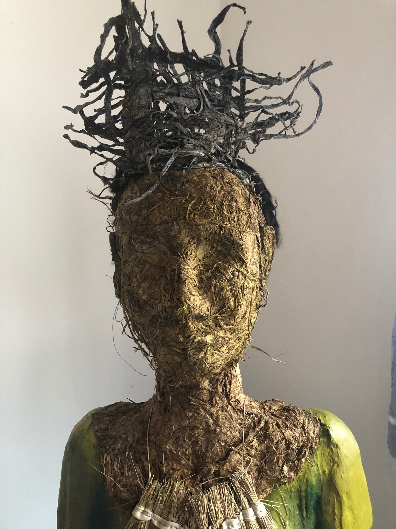 Blade grass sculpture, head detail, American shore grass, plaster, wire, acrylic, kelp, wool.jpg