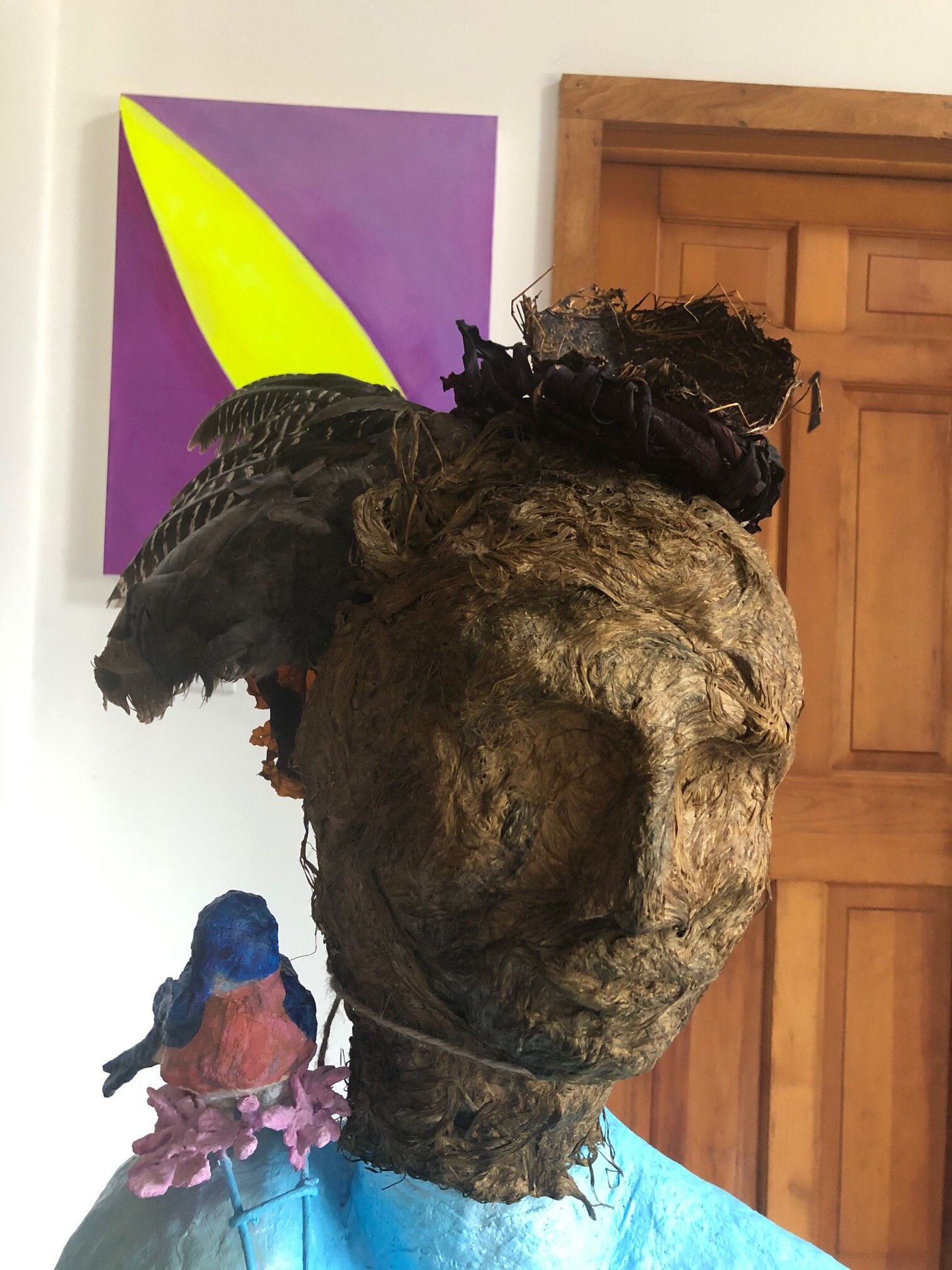 Bird sculpture head detail, sweetgrass, feathers, kelp, plaster, wire, acrylic.jpg