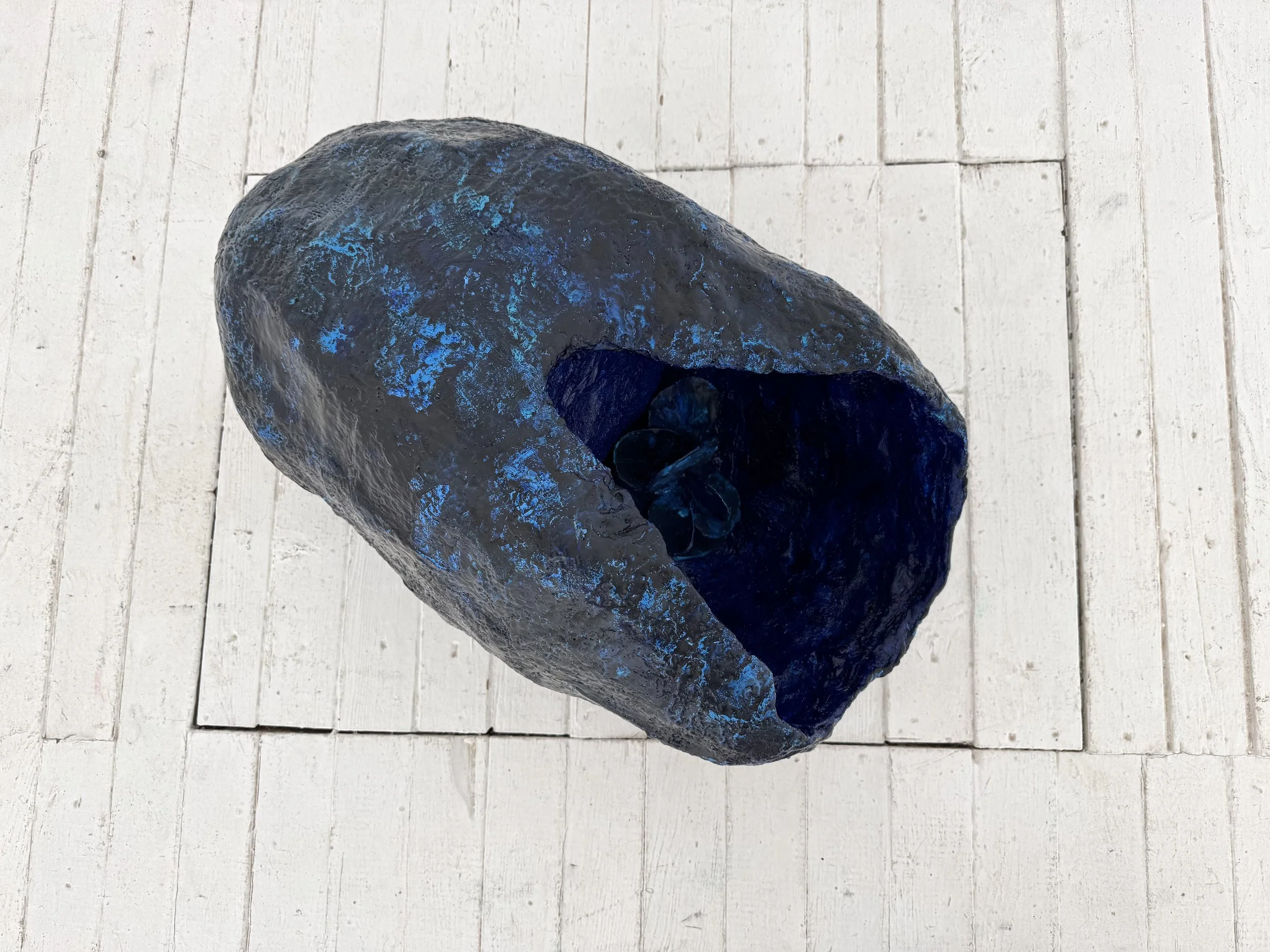 Flower Egg, encaustic, acrylic, wire, plaster, 34%22 x 16%222025.jpeg