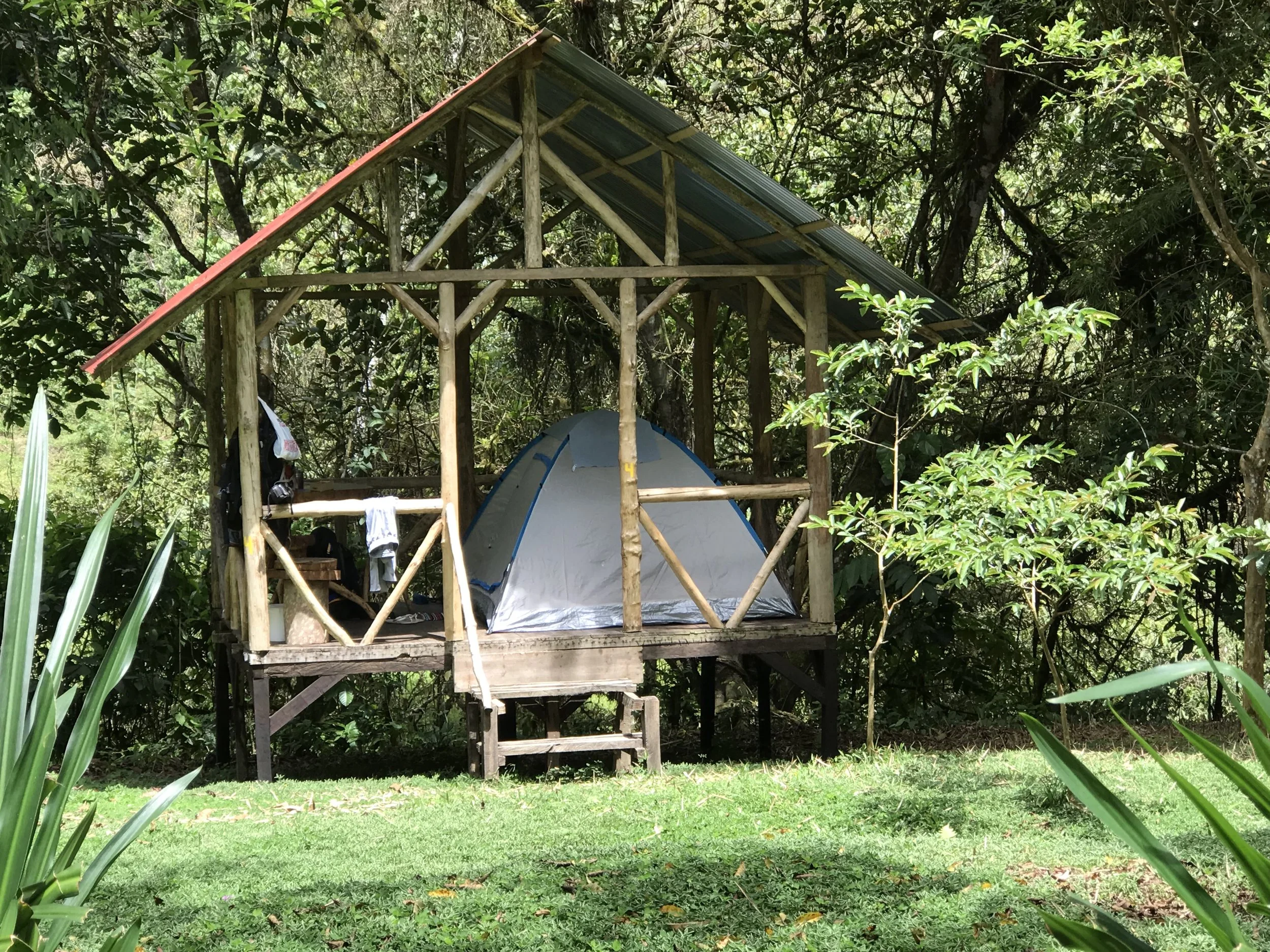 PLATFORM #4 WITH RIVER VIEW, CAN HOLD A LARGER TENT 8'X8' OR 1.5MX1.5M FOR SLEEPING 3 CAMPERS. RATES FOR 2 PEOPLE $50/NIGHT not including meals and transportation. Bring your own tent. (Our Tent Rents for $15/night)