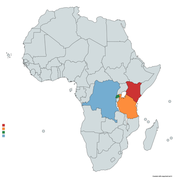 Kenya (in red) is located in Eastern Africa just under the ‘Horn of Africa’. Map courtesy of mapchart.net .