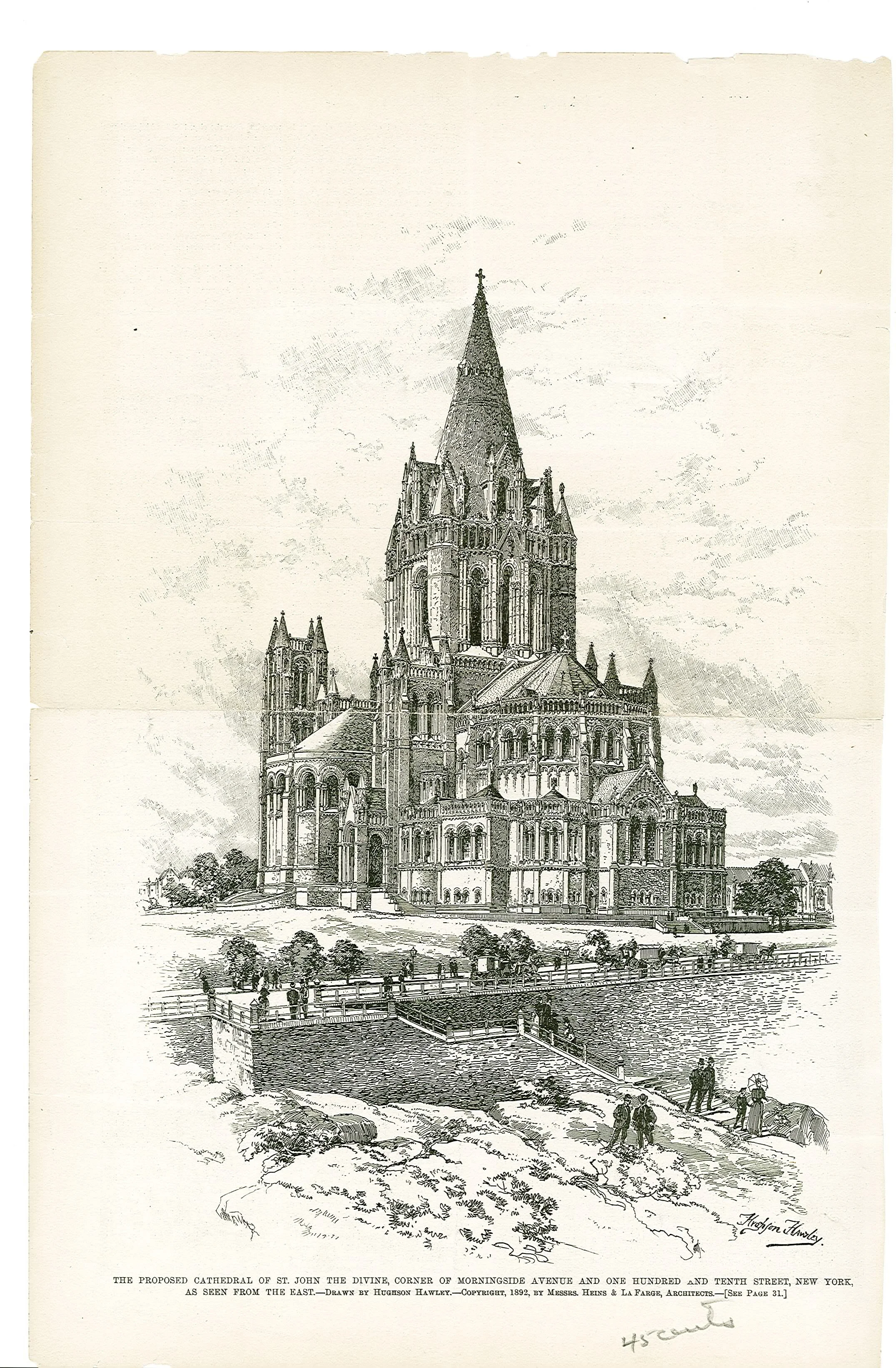  1892: Etching of St. John the Divine as designed by Heins &amp; LaFarge from the edge of Morningside Park. Almost everything in the etching would not be built as drawn, including the south transept, back stairs and entrance where a barbed wire fence