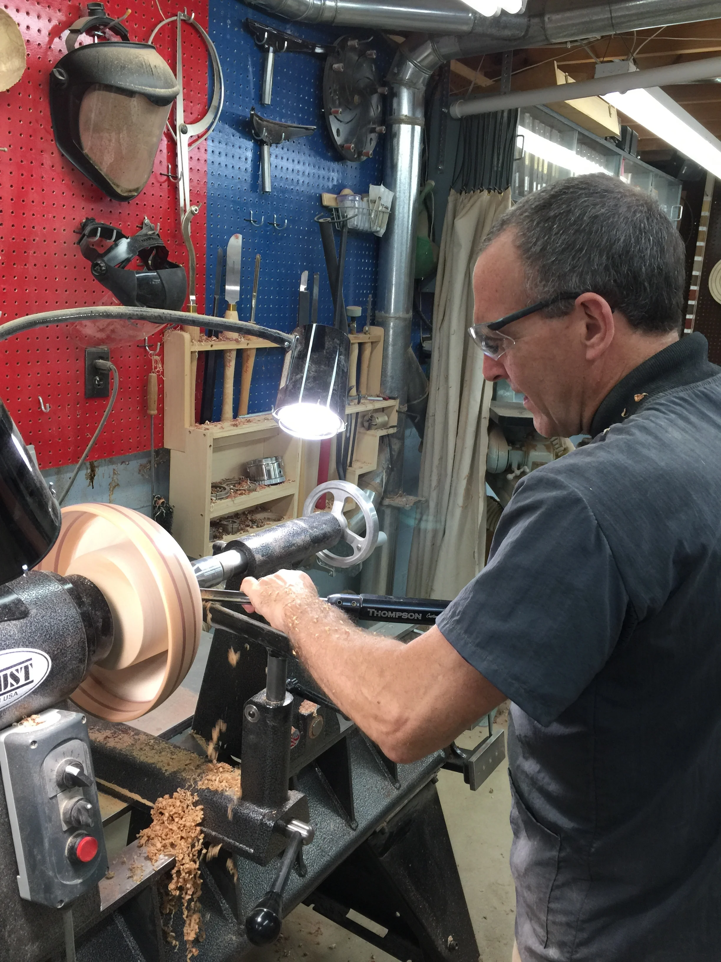  At work in the shop turning a segmented salad bowl. 