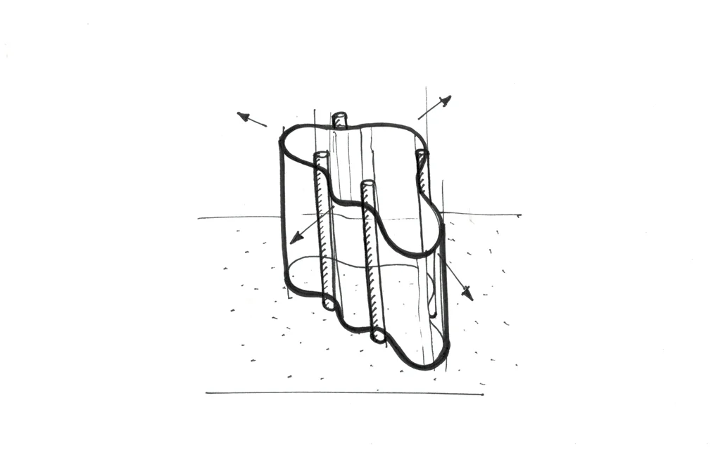 The glass blew outwards in between the sticks giving each bulge the natural curve of the material instead of an unnatural curve imposed on the glass.