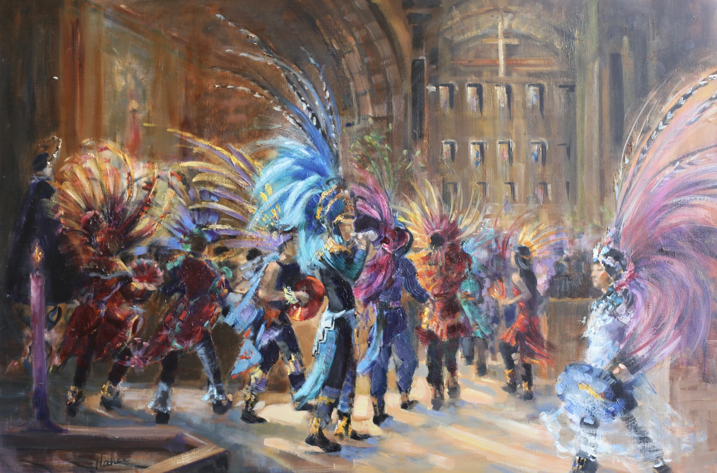 Aztec Dancers Pray to Our Lady of Guadalupe