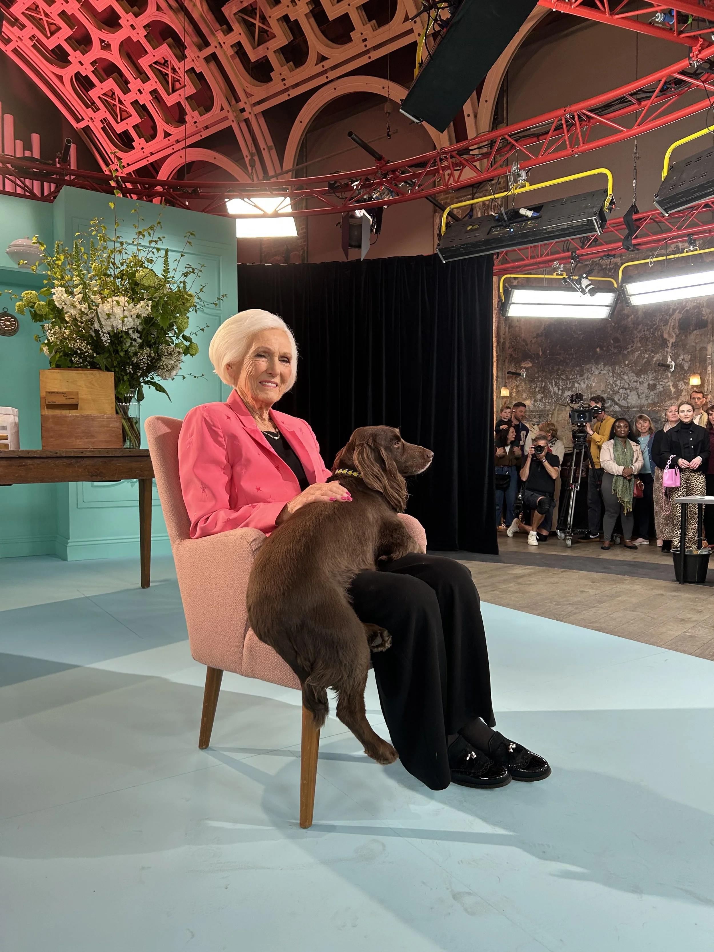 Dame Mary Berry with dog on the set