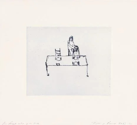 Pencil drawing of a table and two figures