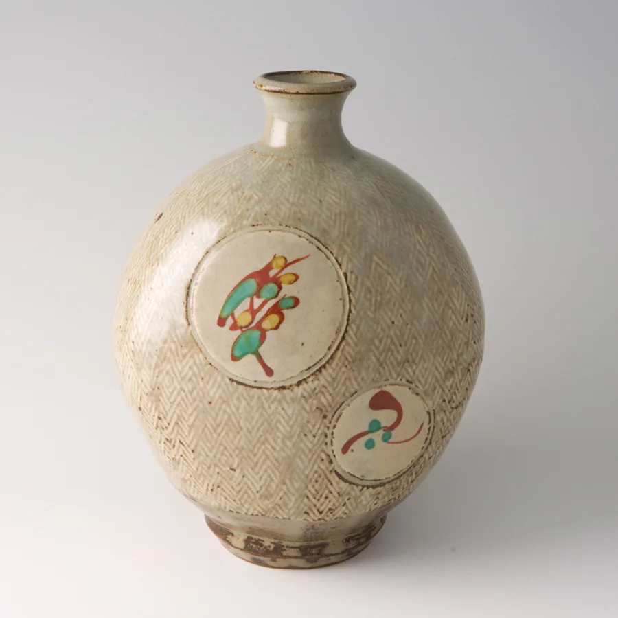 Tatsuzo Shimaoka Bottle, rope and slip inlay with wax resist overglaze enamel decoration Stoneware 9.25 x 7.5 x 7.5” 152 with wooden box