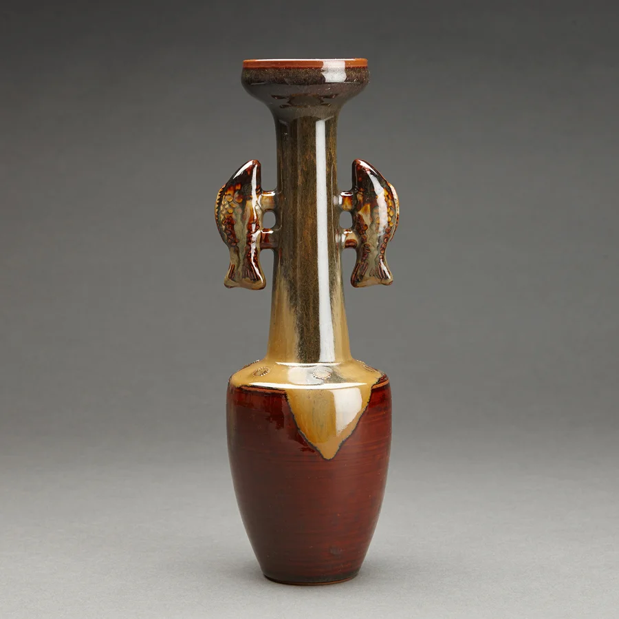 Miraku Kamei XV Flower vase (hanaire), fish handles Stoneware 11.25 x 3.5 x 3.5" XV112