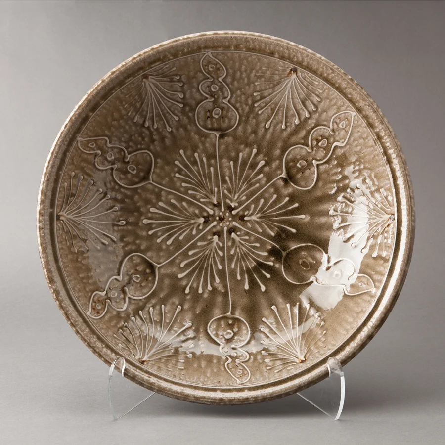 Mark Hewitt Platter, alkaline glaze with white slip floral decoration Stoneware 4.5 x 19.25 x 19.25” MH95