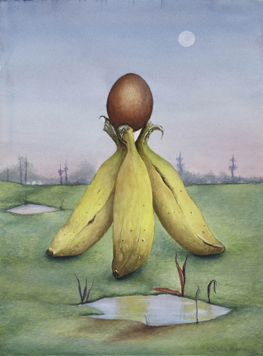 Roger Bowman Red Egg Balance Watercolor and gouache on paper 20 x 14.75” RB249