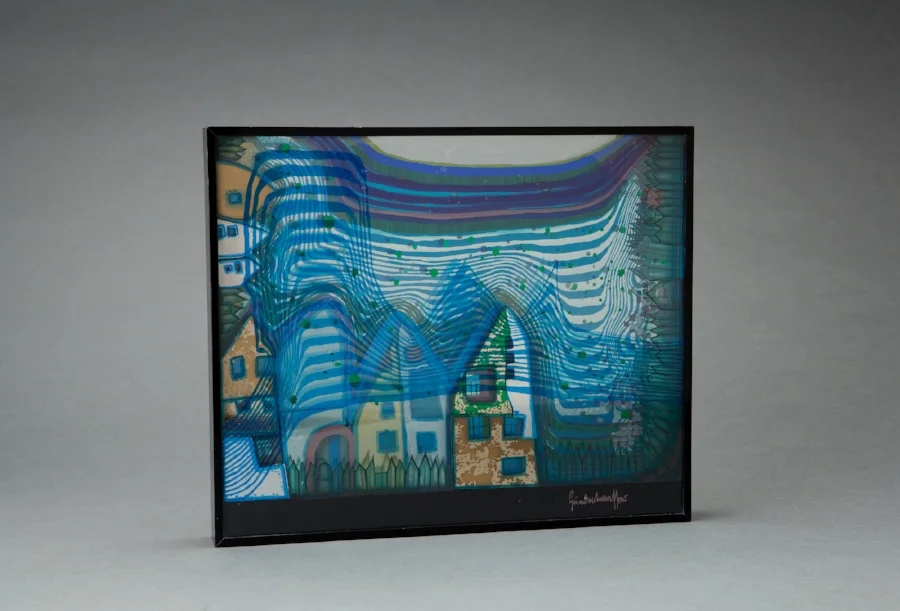 Friedensreich Hundertwasser Fall in Cloud, Fall in Fog, Fall Out 3-D Object; silkscreens and metallic embossing in colors on 5 plexiglas panels 12 x 14.5 x 2" HWG780