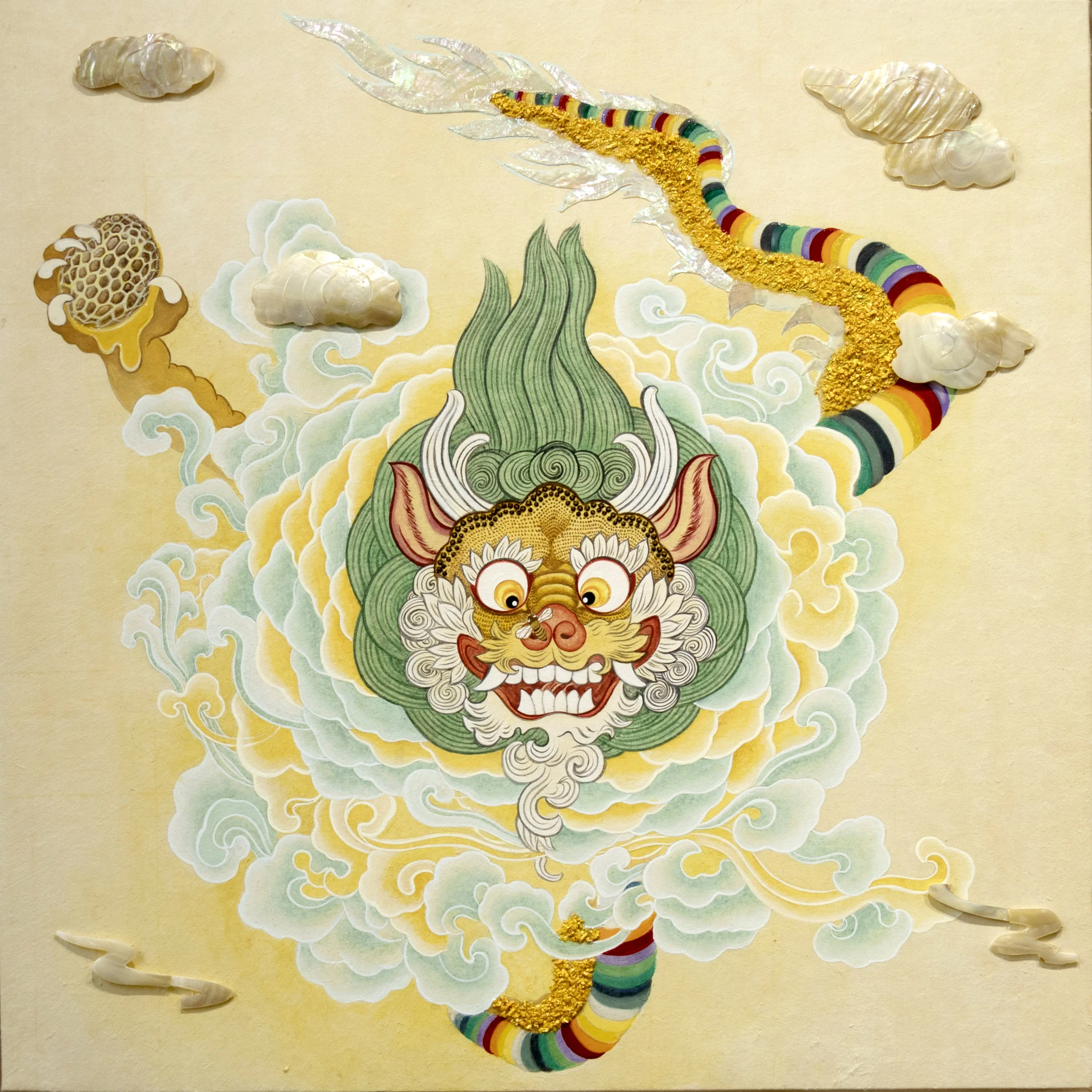KATE OH TRABULSI Baby Yellow Dragon 2018 Ground pigment, Hanji paper on wood panel with mother of Pearl 20 × 20 in Inquire