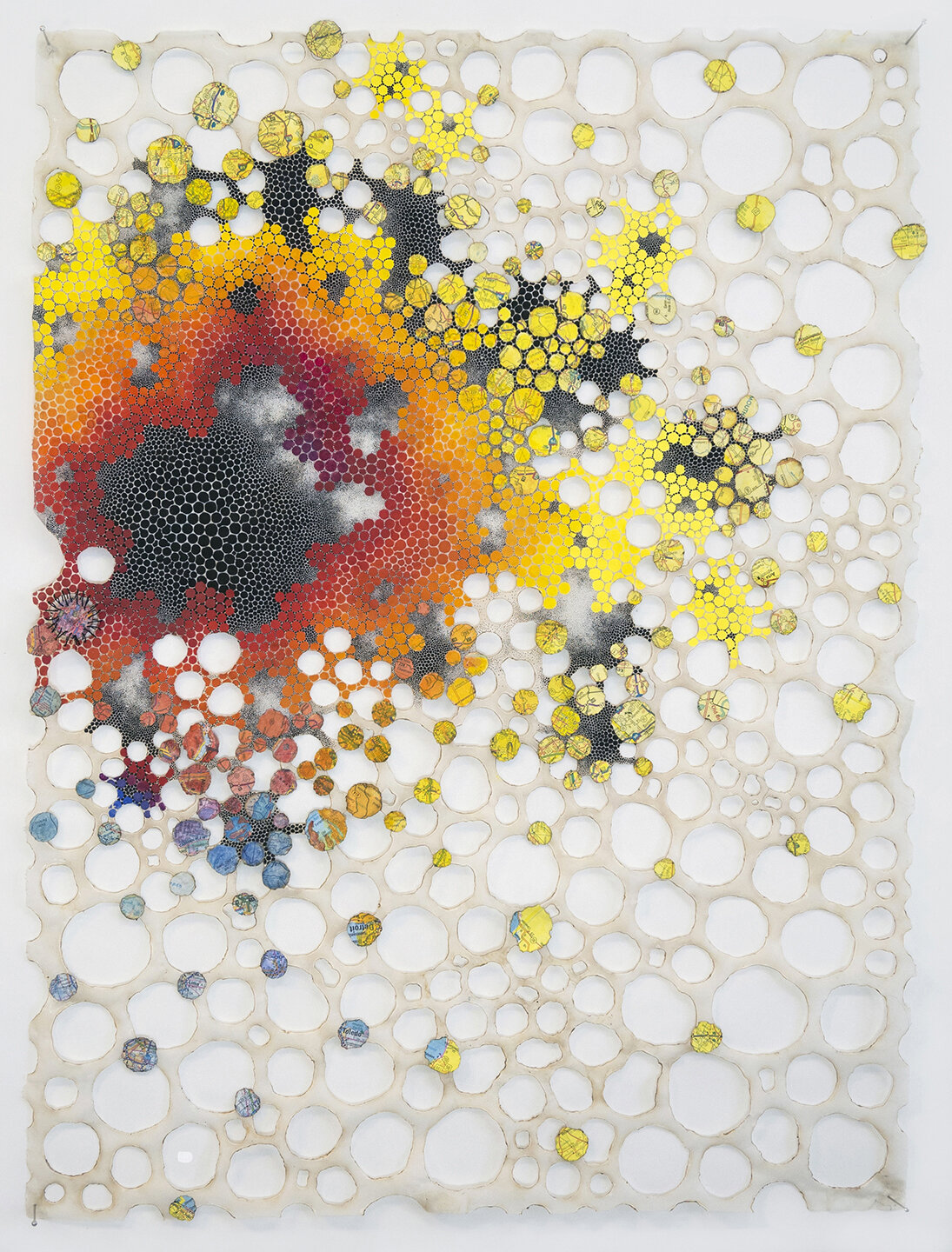 Karen Margolis %22Splat 72s%22 24x18 Watercolor, gouache, thread, map fragments on Abaca.jpg