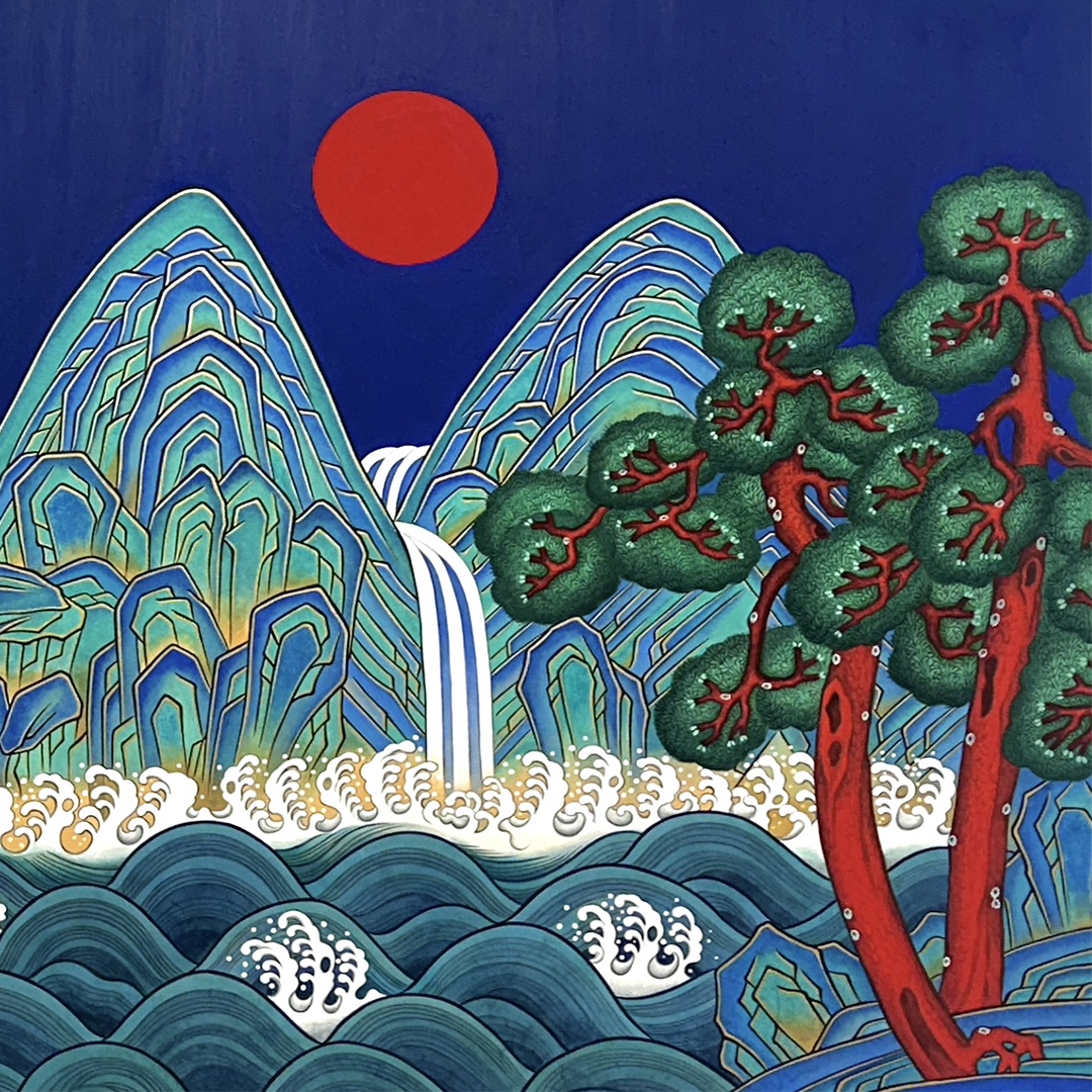 CROPPED Kate Oh, %22The Sun, Moon and Five Peaks%22, Mineral Pigments on Hanji wrapped on Wooden Panel, 36 x 72.png