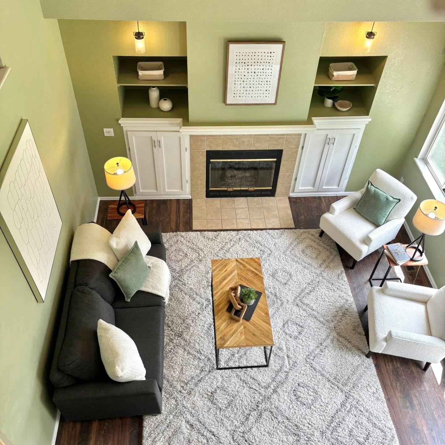 The green tones in this room are soft, muted, and very on trend. Totally creates a calm and modern vibe! 

#5280magazine #acutedesigner #stagingworks #liveindenver #stagingsells #denverrealestate #girlboss #housetour #coloradorealtor #homesweethome #