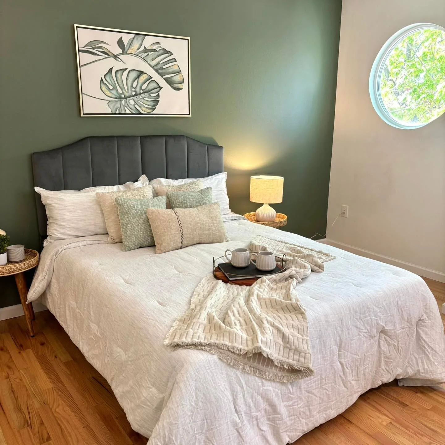 Soft, serene, and effortlessly inviting ✨ This beautifully staged bedroom blends earthy green tones with warm natural textures to create a calming retreat. This gorgeous home in the Highlands is on the market now! 

#5280magazine #acutedesigner #stag