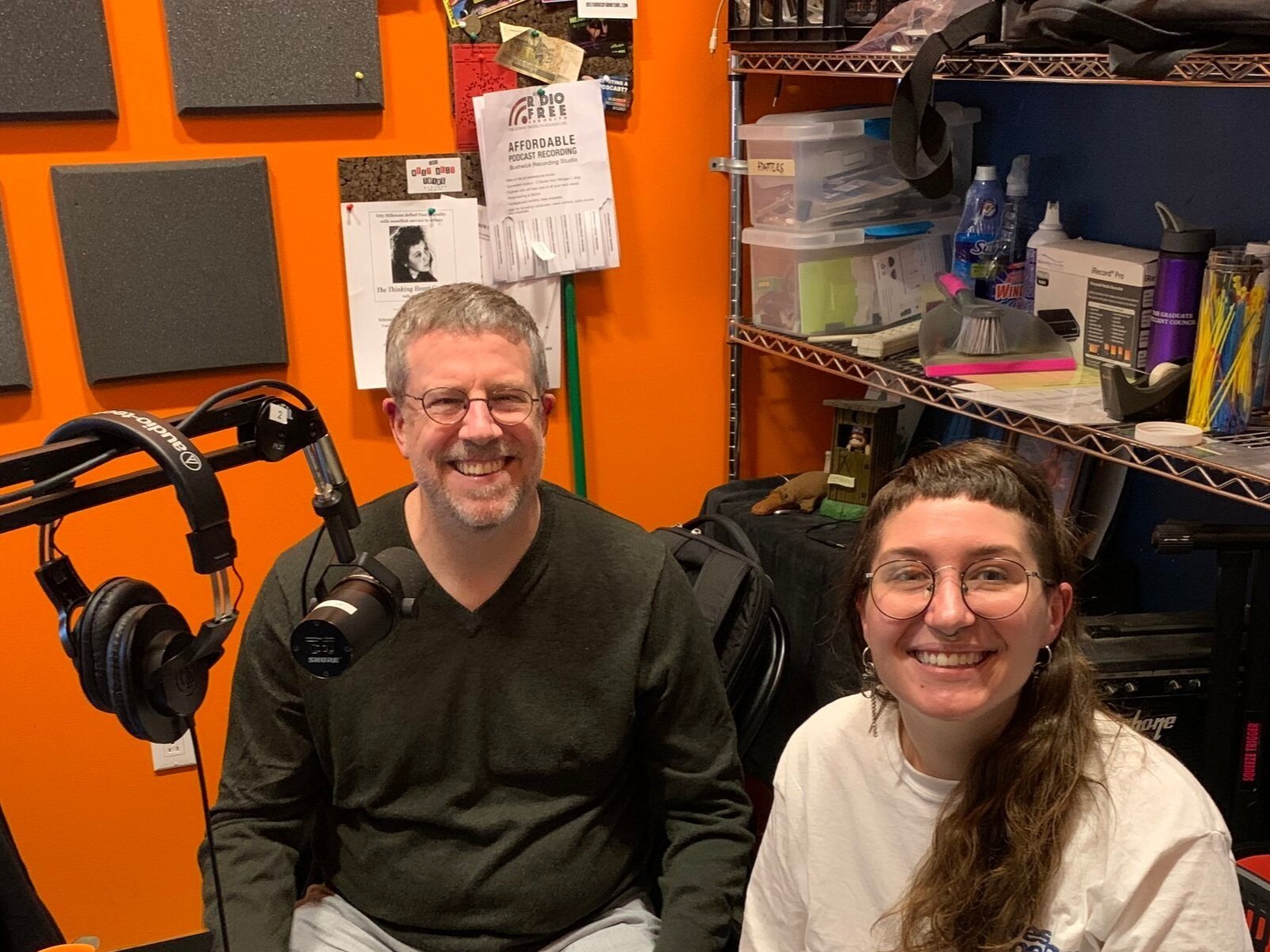 Jim and Lizzie in the podcast studio.