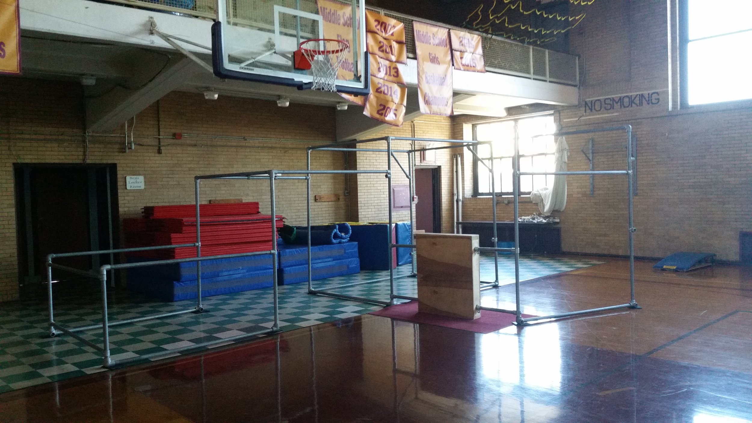 One of our temporary setups at Chicago Waldorf School. CWS has Parkour as a real class at their school, all year round! All the high school students take it and many of the middle school and grade school classes get to experience it once in a while, too.