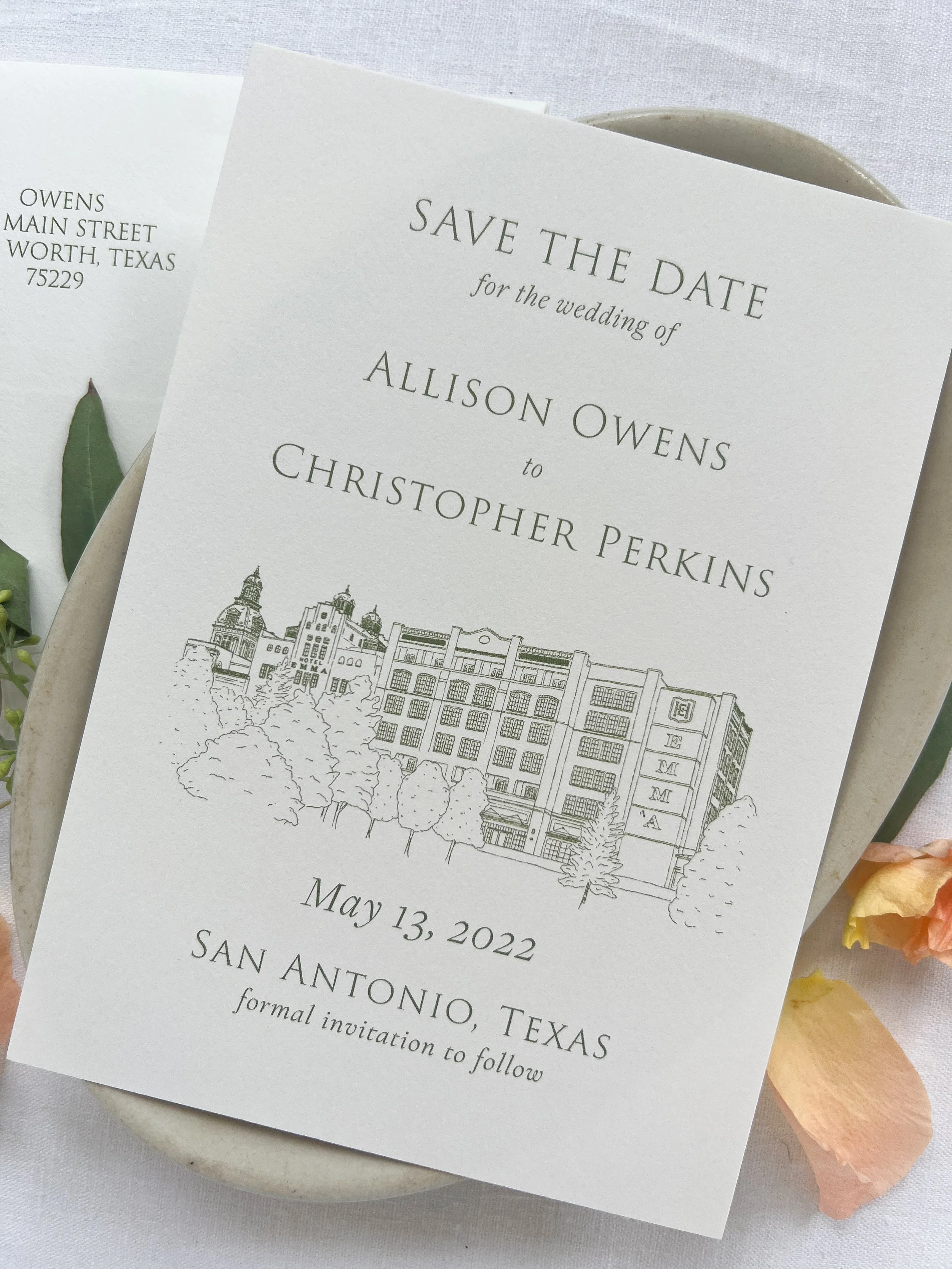 Wedding Save the Date with venue illustration.