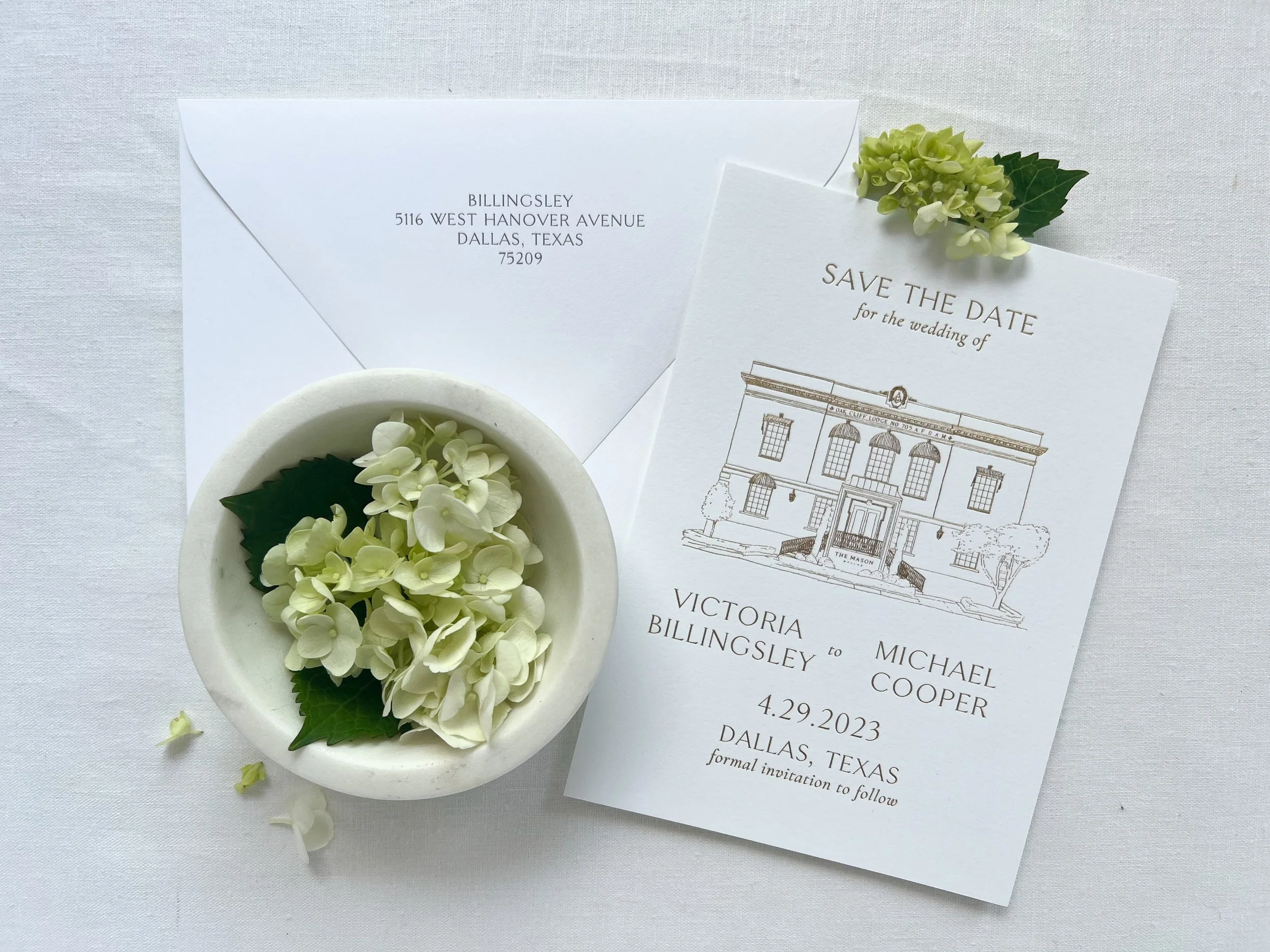 Wedding Save the Date with venue illustration.