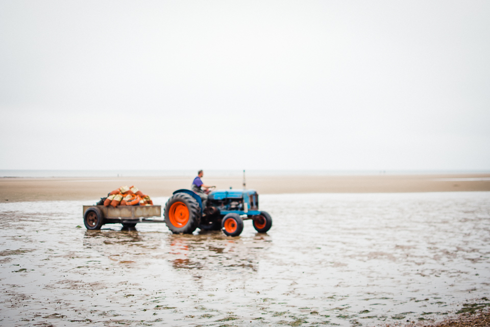 Mussel collector in his blue tractor on Hunstanton beach