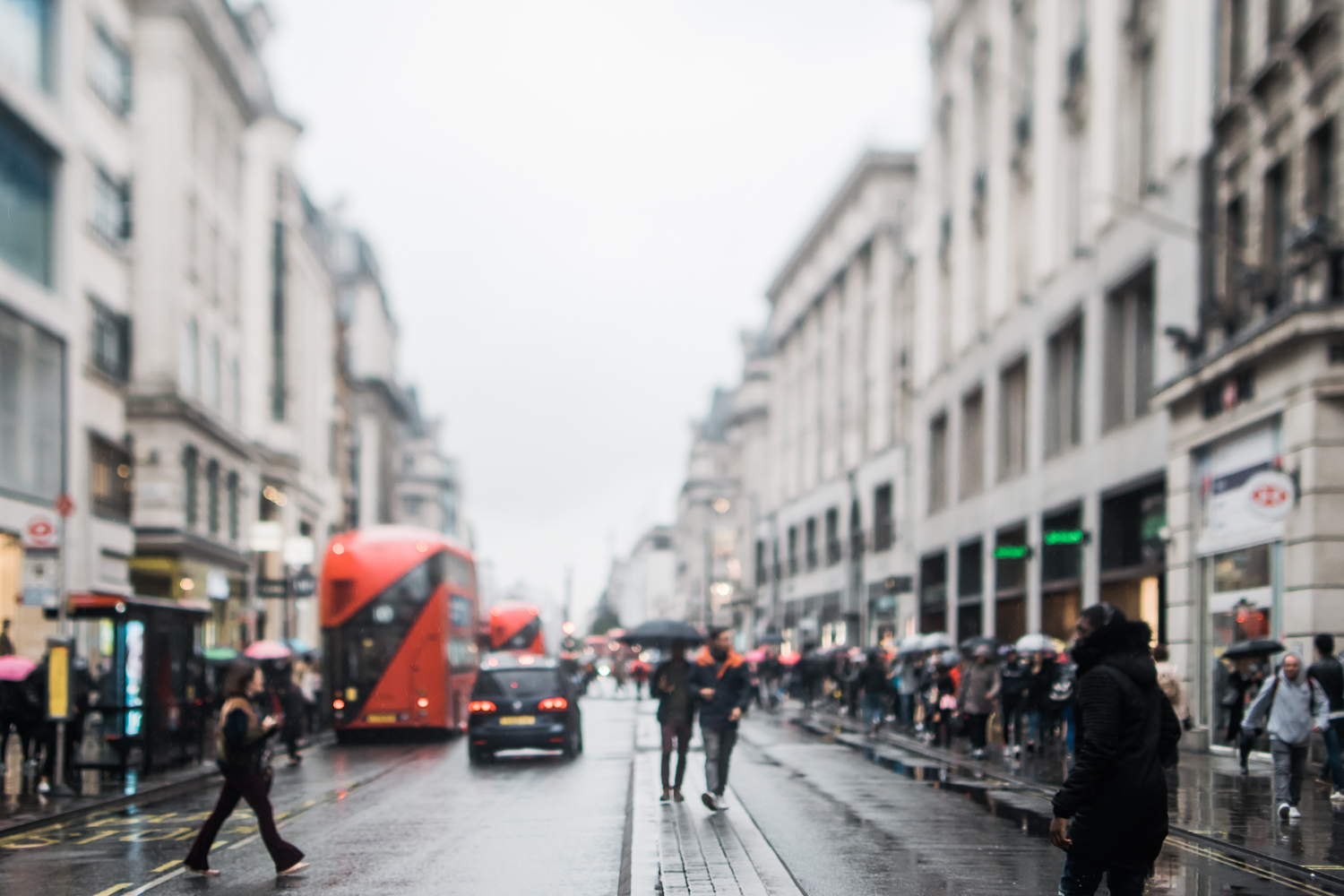 Freelensed photograph of London Oxford Circus in the rain