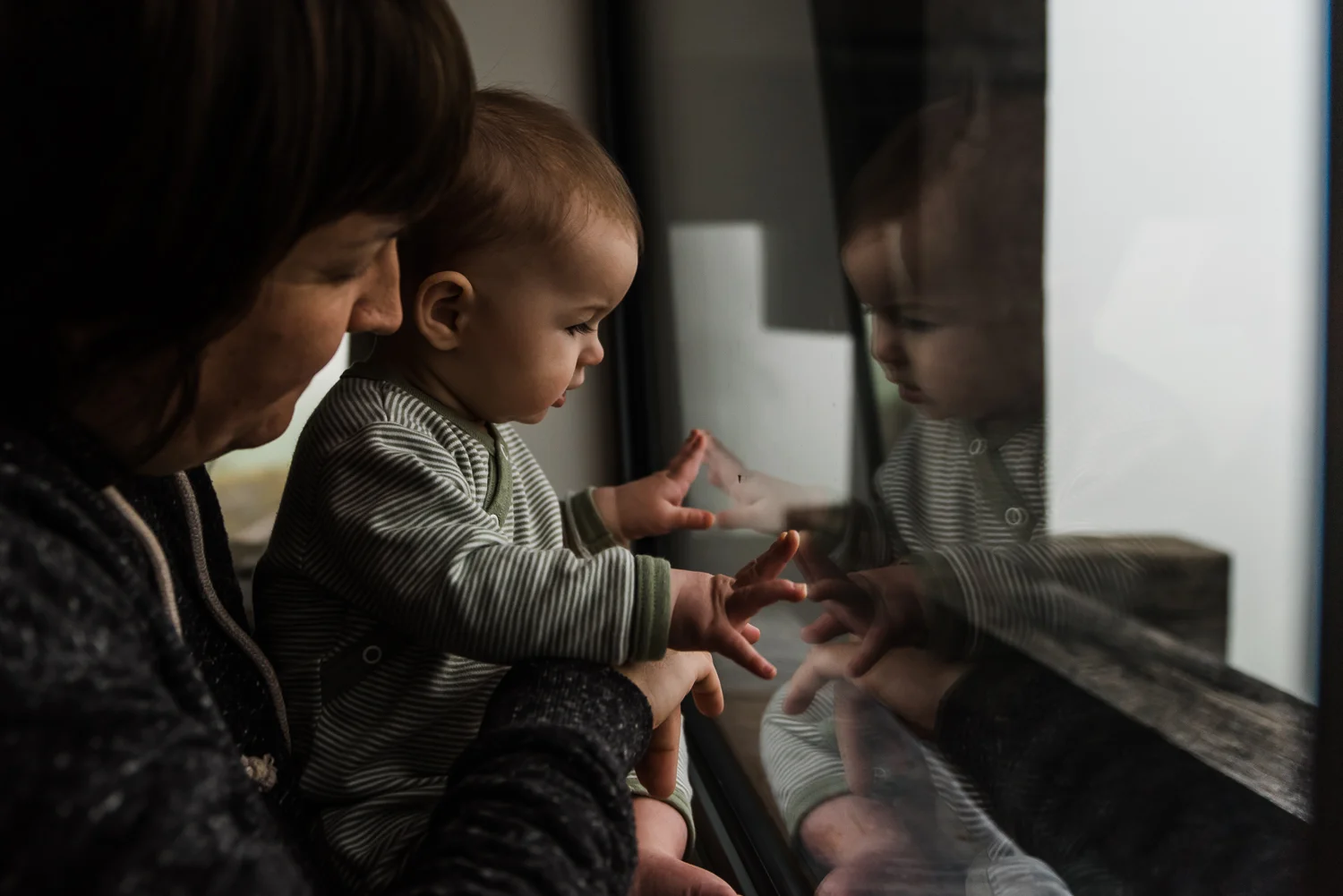 A baby looking at a fly on the window