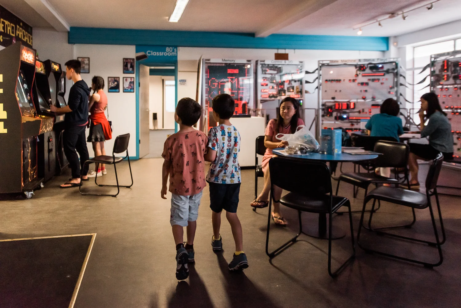 Two children walking into the Museum of Computing History in Cambridge