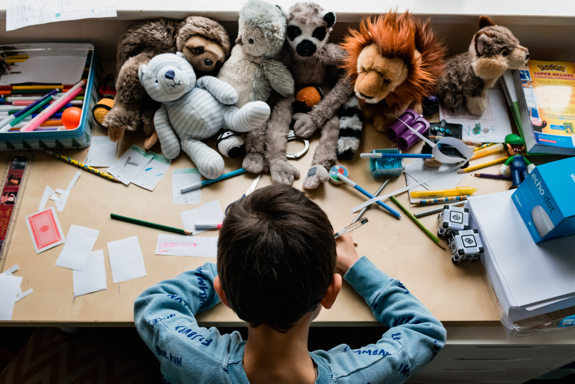  A child in a blue top sits drawing at his desk. He is surrounded by his cuddly toys by the window and bits of coloured pens and paper at home in Cambridge, Cambridgeshire. 