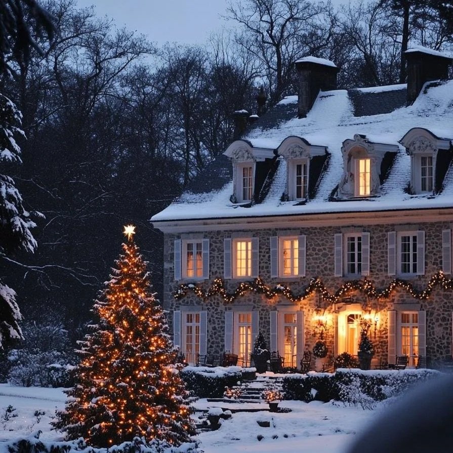 10-french-manor-with-stone-siding-and-white-windows-roof-with-gables-and-with-snow-snowed-in-yard-with-a-large-decorated-Christmas-tree-with-lights-1.jpg