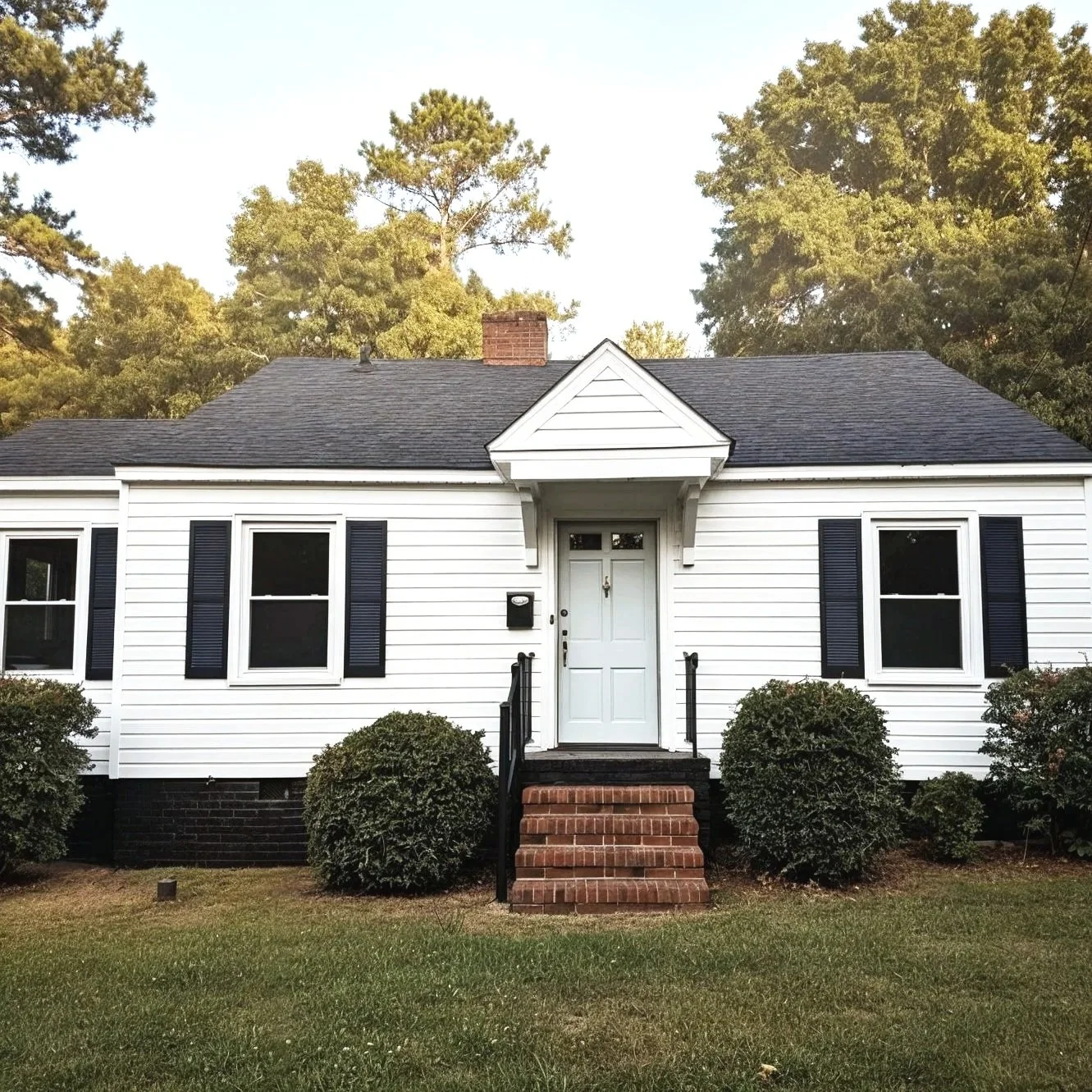 A white house with black shutters and a black roof, front door, brick stairs, and surrounding bushes, with trees in the background.