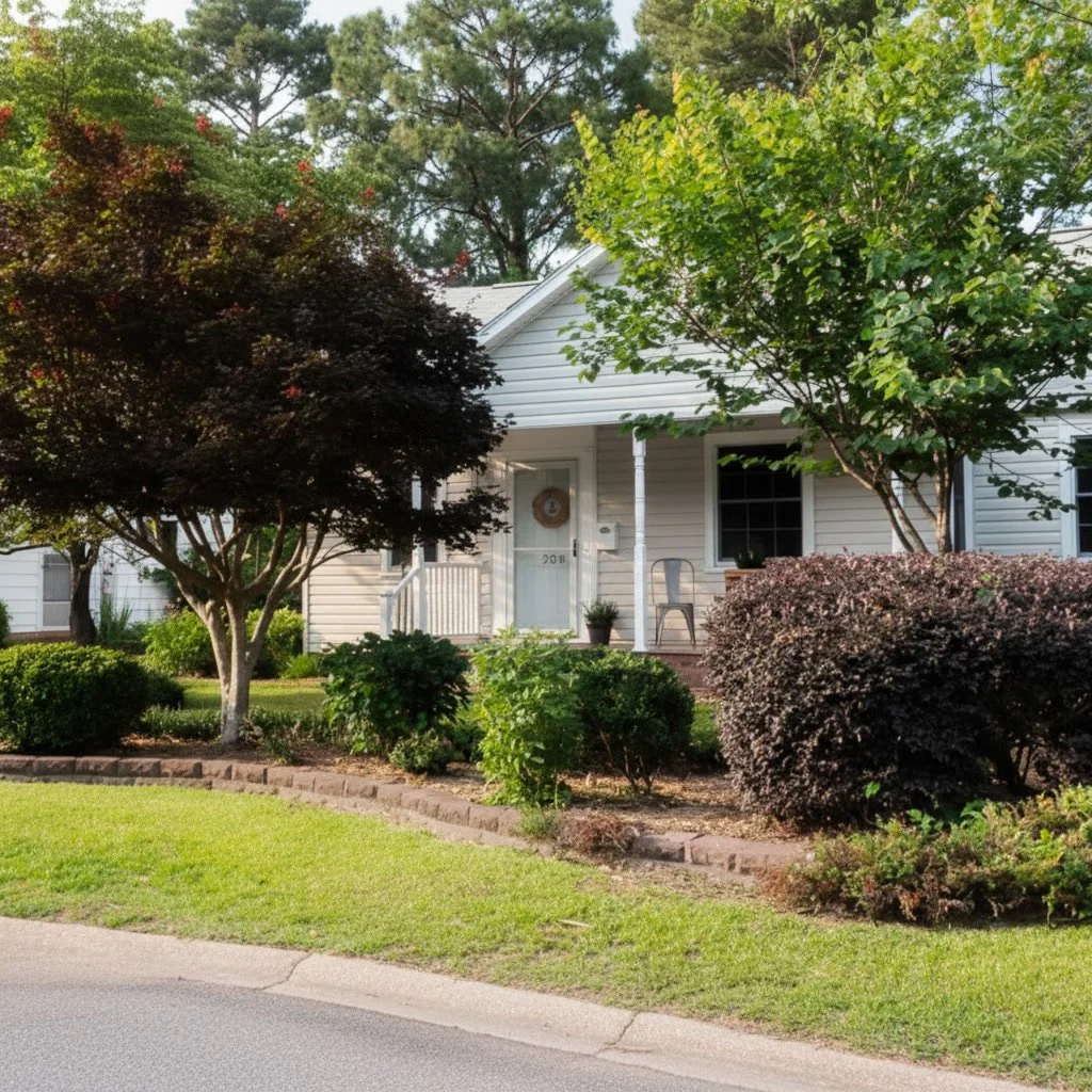 Front view of a white house with a small porch, surrounded by green shrubs and trees, on a landscaped lawn.